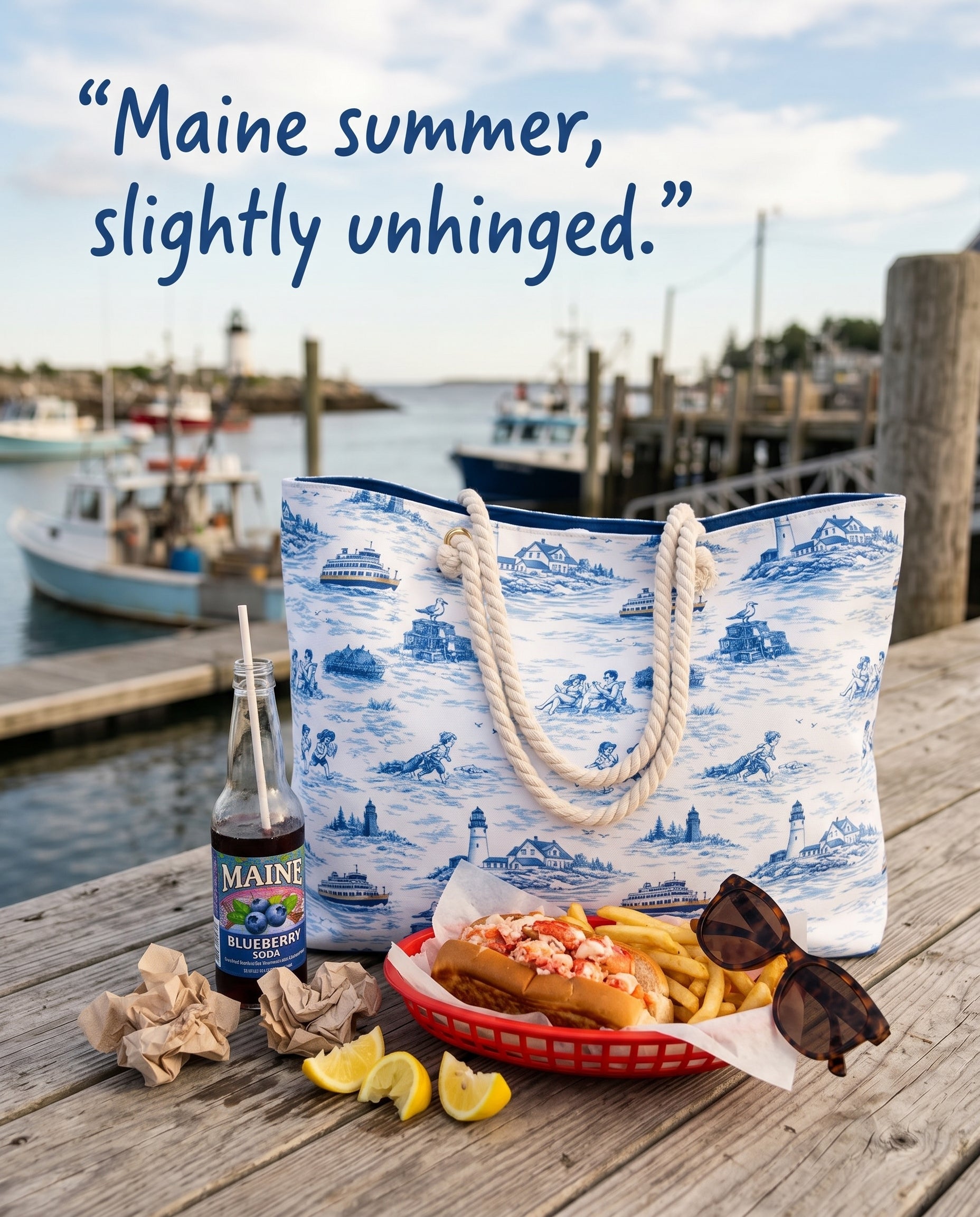 Portland Maine Beach Bag, Coastal Toile Tote Bag, Maine Travel Tote, New England Beach Tote, Preppy Summer Bag, Pool Tote, Cabana Tote