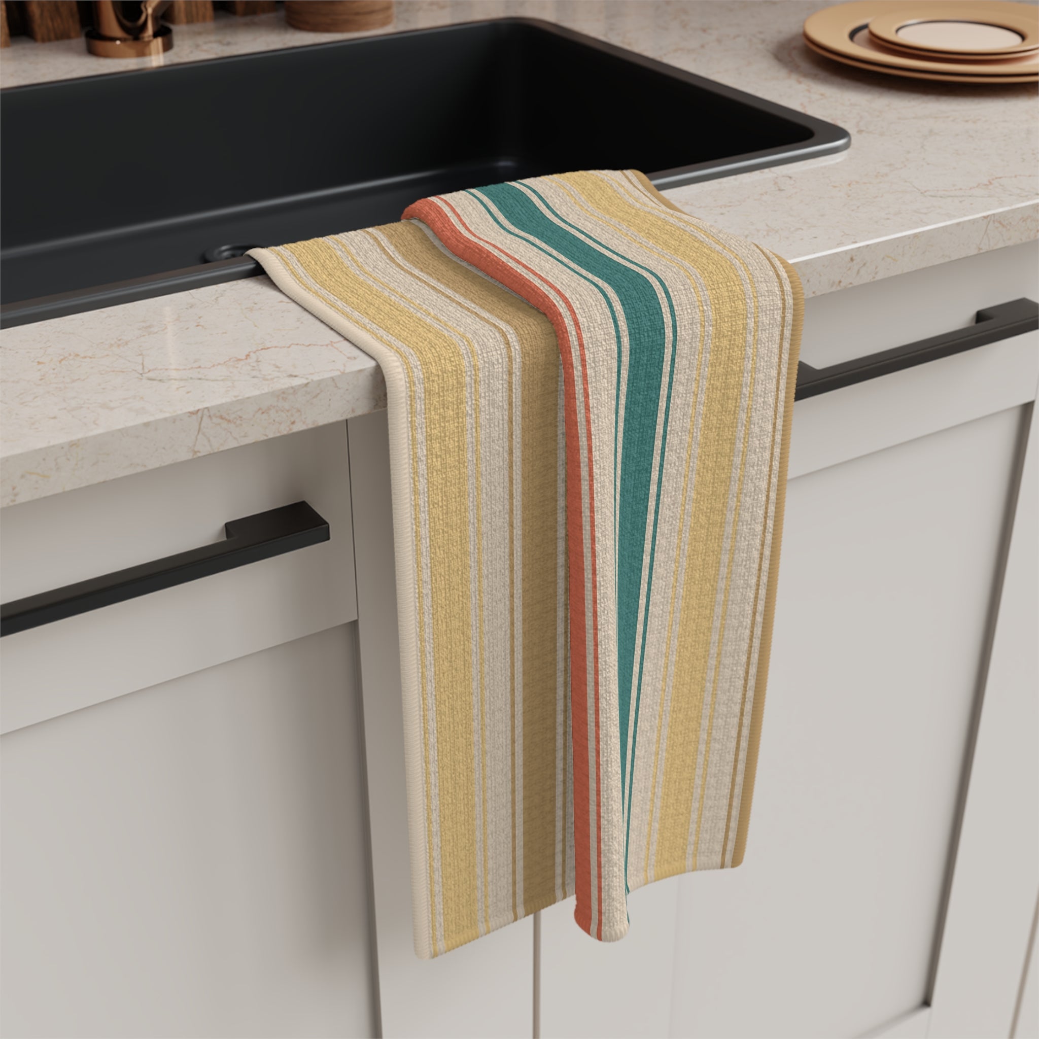 Striped Microfiber Tea Towel — Retro Sunset Kitchen Towel (Beige, Coral & Teal)
