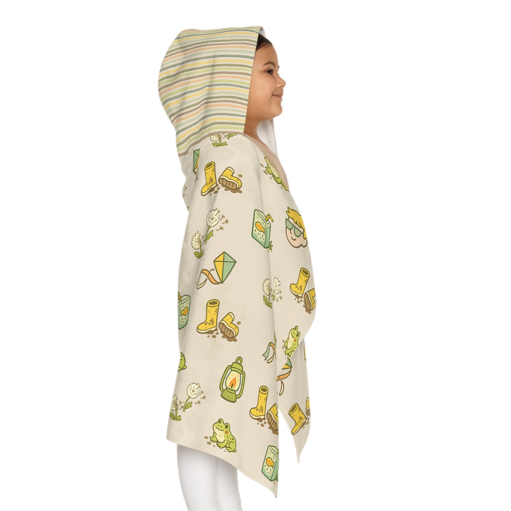 Camp Brine Spring 2026 Kids Hooded Towel — Cute Frog, Rain Gear & Juice Box Pattern
