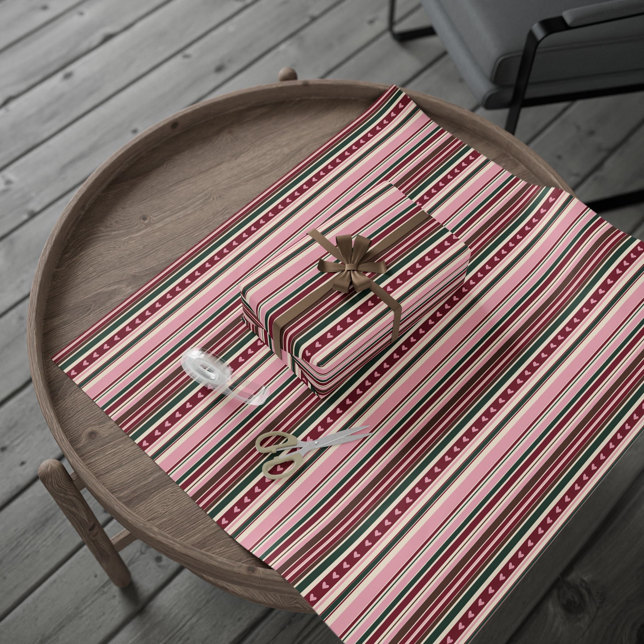 Valentine Heart Stripe Wrapping Paper — Pink & Burgundy Gift Wrap Roll