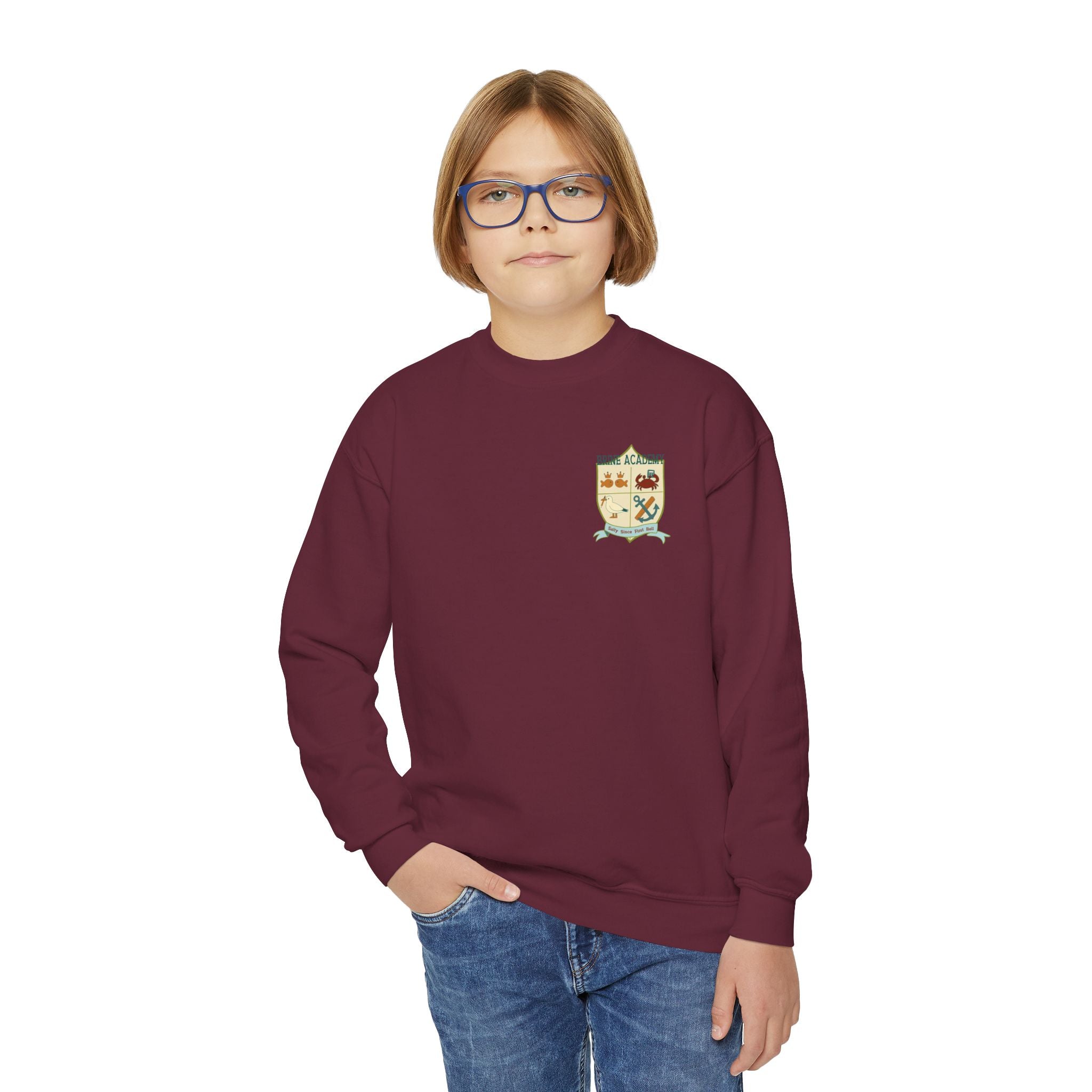 Youth Crewneck Sweatshirt — "Salty Since First Bell" Back‑Print School Spirit Sweatshirt