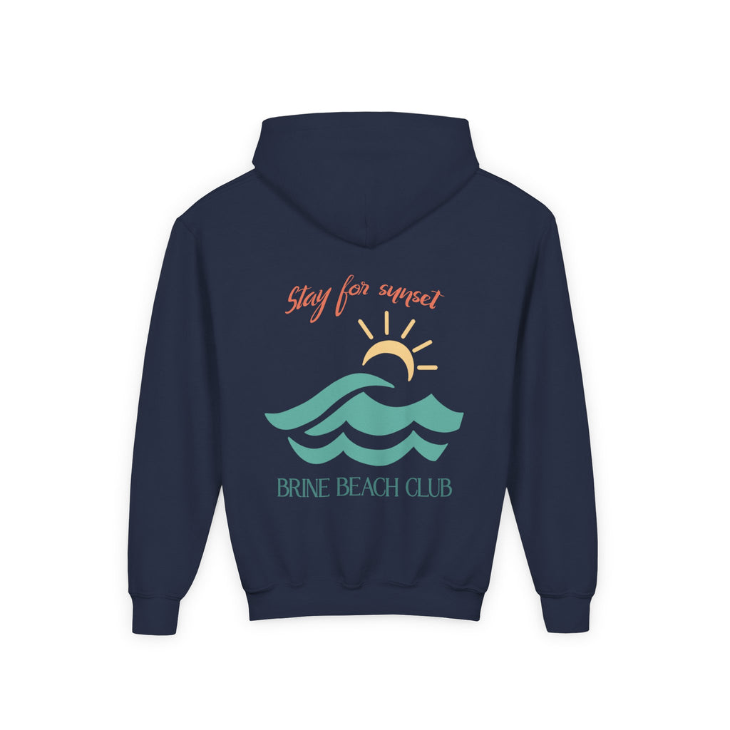 Brine Beach Club Youth Hoodie — "Stay For Sunset” Surf Waves Sun Pullover