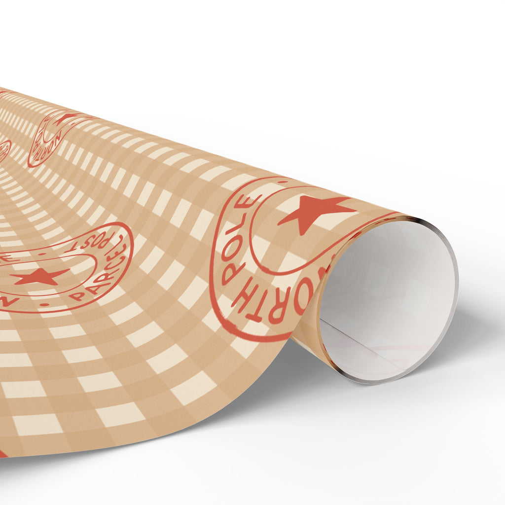 Country Gingham Wrapping Paper - Rustic Plaid Holiday Gift Wrap with Coral Stamped Star Accent