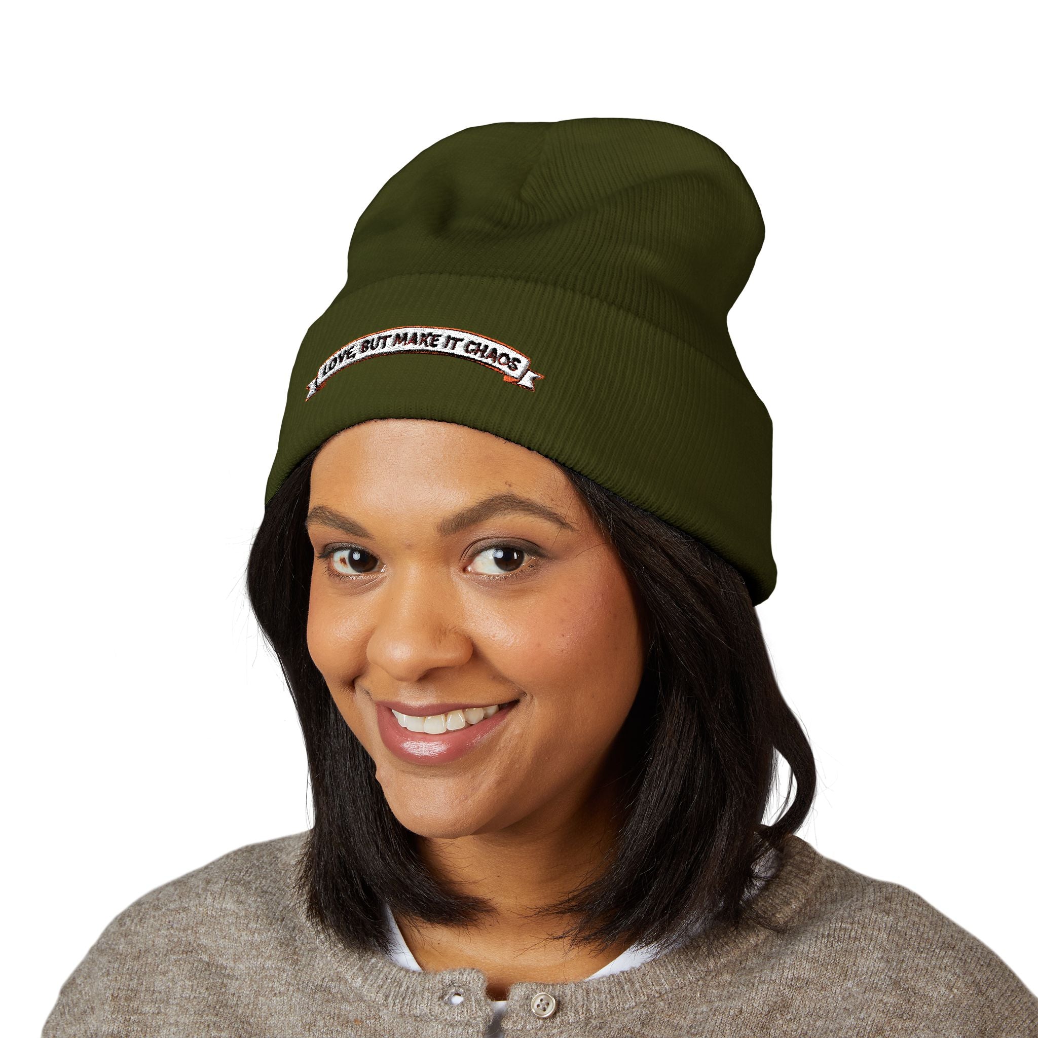Embroidered 'Love, But Make It Chaos' Cuffed Beanie