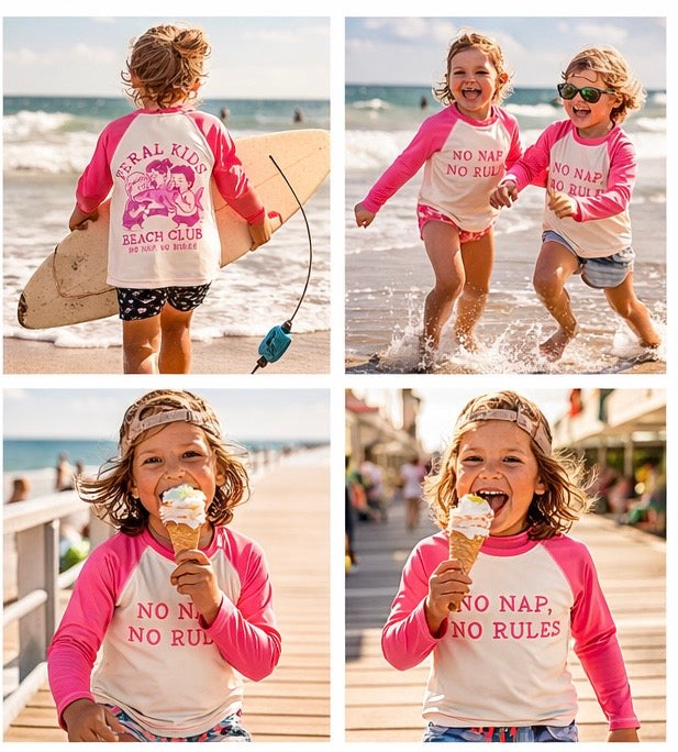 Feral Kids Beach Club Kids Rash Guard – No Nap No Rules Long Sleeve Swim Shirt