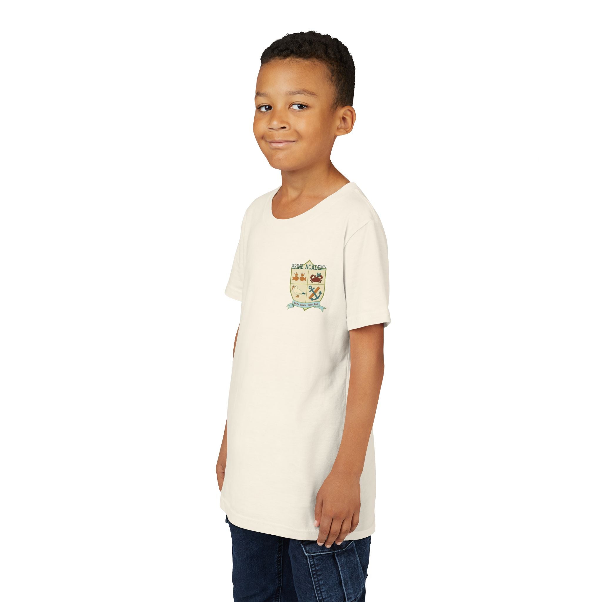 Youth Tee — "Salty Since First Bell" Brine Academy Crest School Spirit Shirt