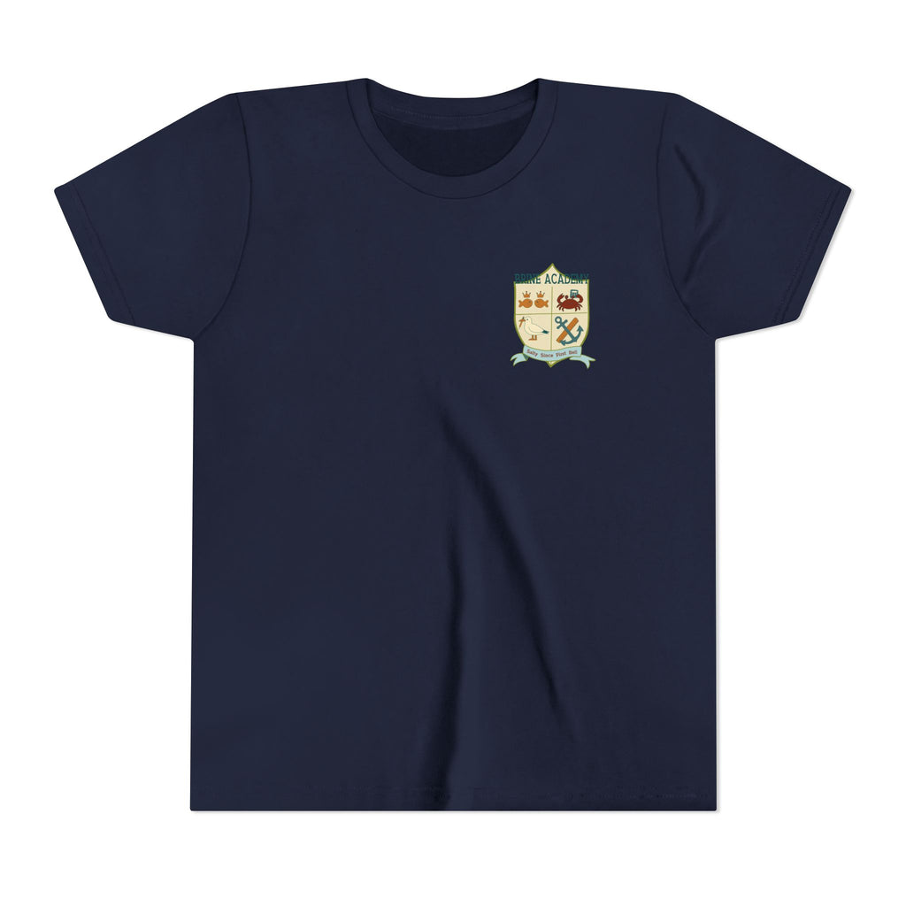 Youth Tee — "Salty Since First Bell" Brine Academy Crest School Spirit Shirt