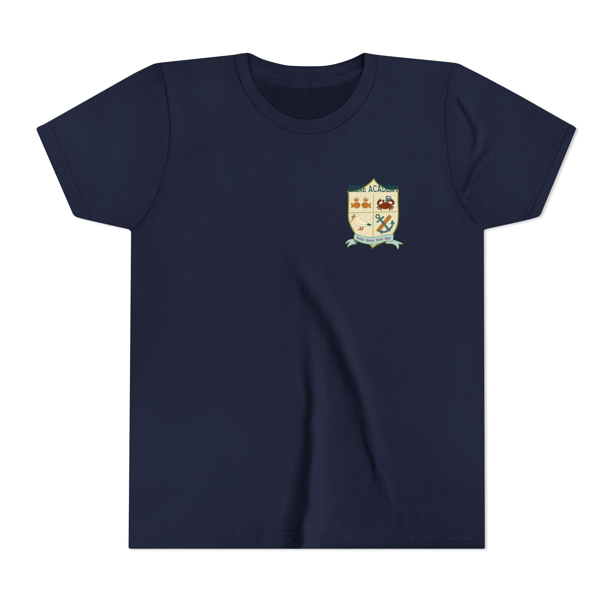 Youth Tee — "Salty Since First Bell" Brine Academy Crest School Spirit Shirt