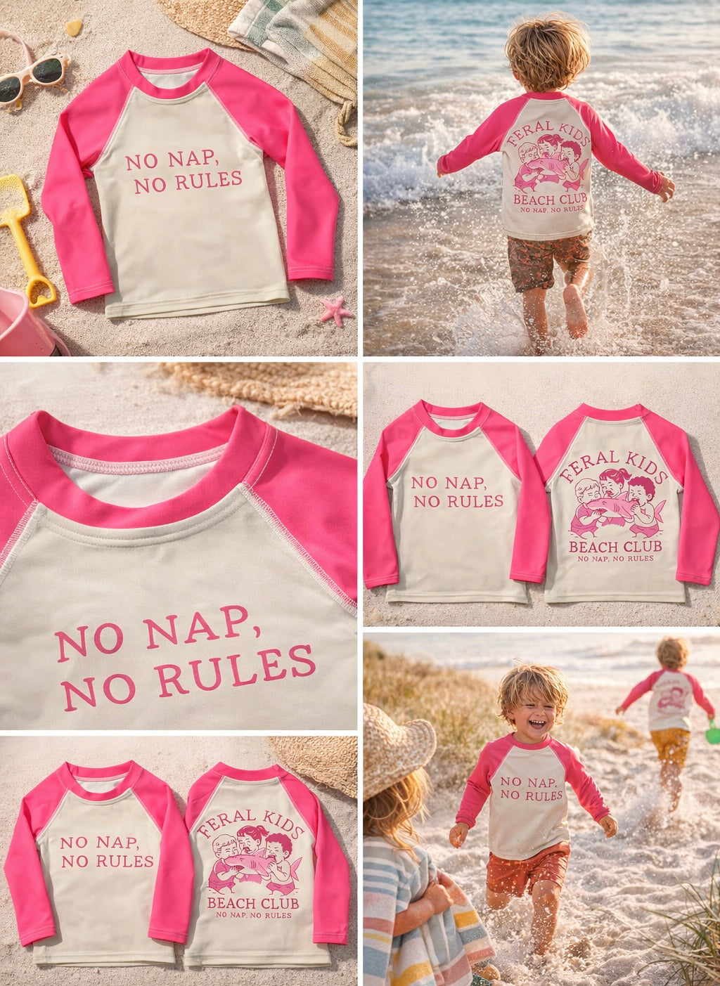 Feral Kids Beach Club Kids Rash Guard – No Nap No Rules Long Sleeve Swim Shirt