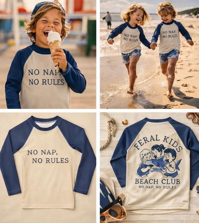 Feral Kids Beach Club Kids Rash Guard – No Nap No Rules Long Sleeve Swim Shirt