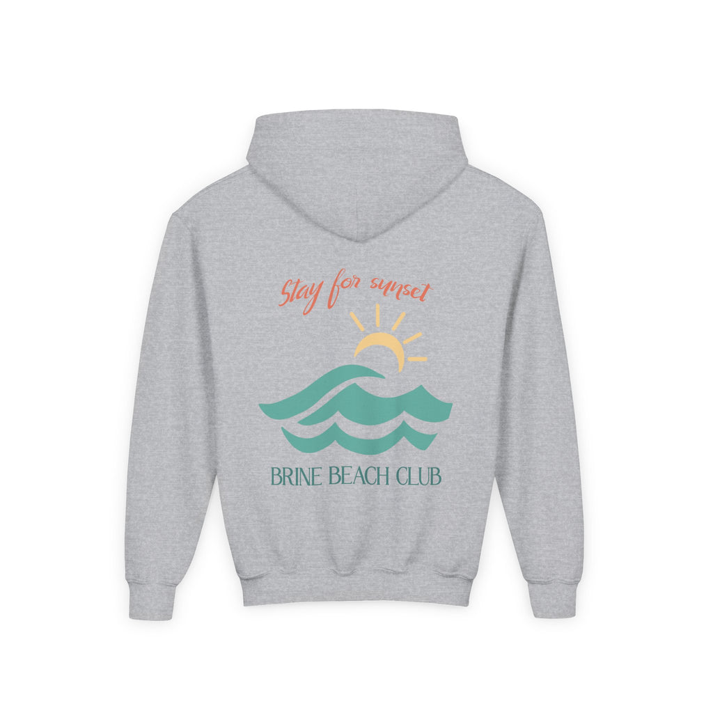 Brine Beach Club Youth Hoodie — "Stay For Sunset” Surf Waves Sun Pullover