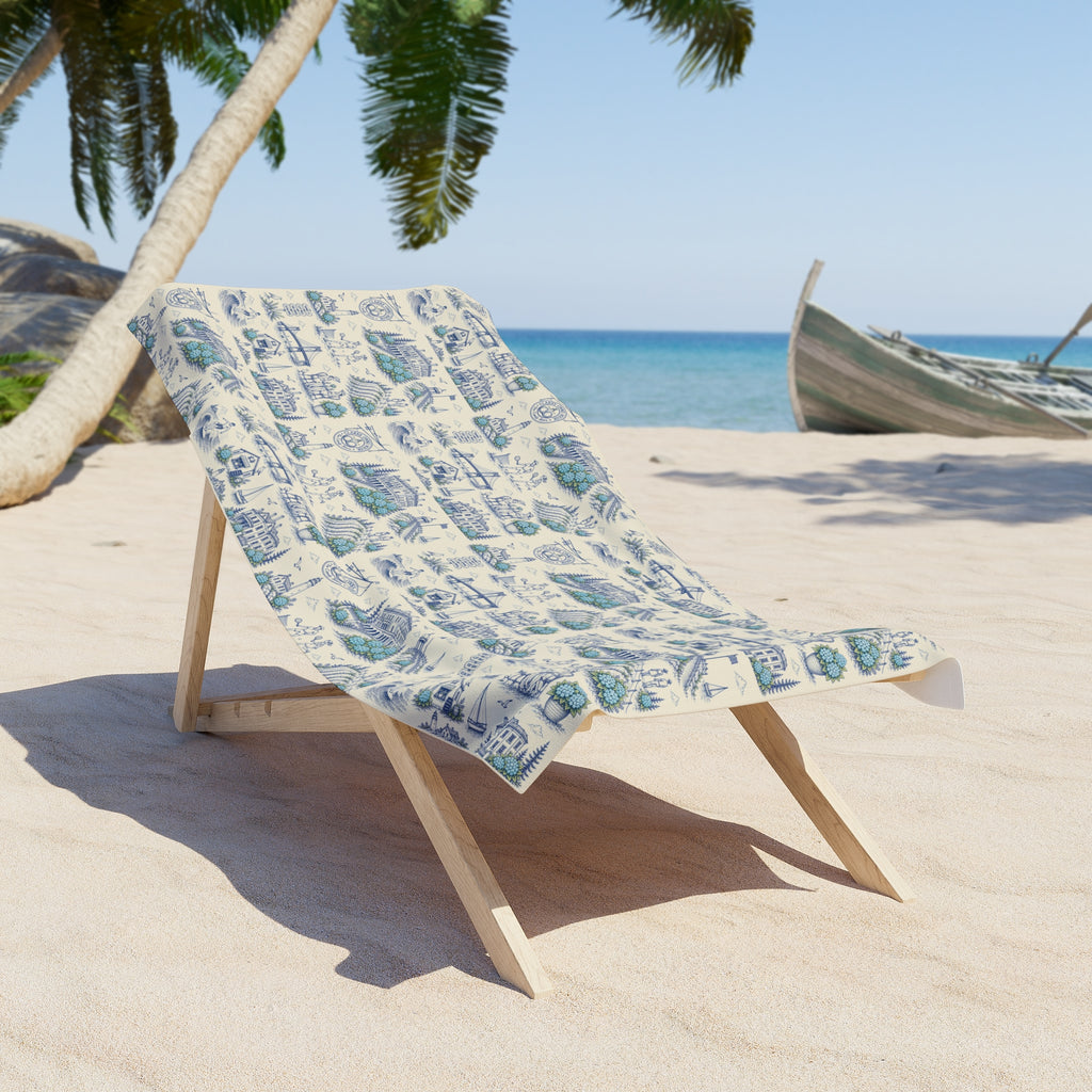 Newport RI Toile Beach Towel – Coastal Blue Hydrangea Resort Print Towel
