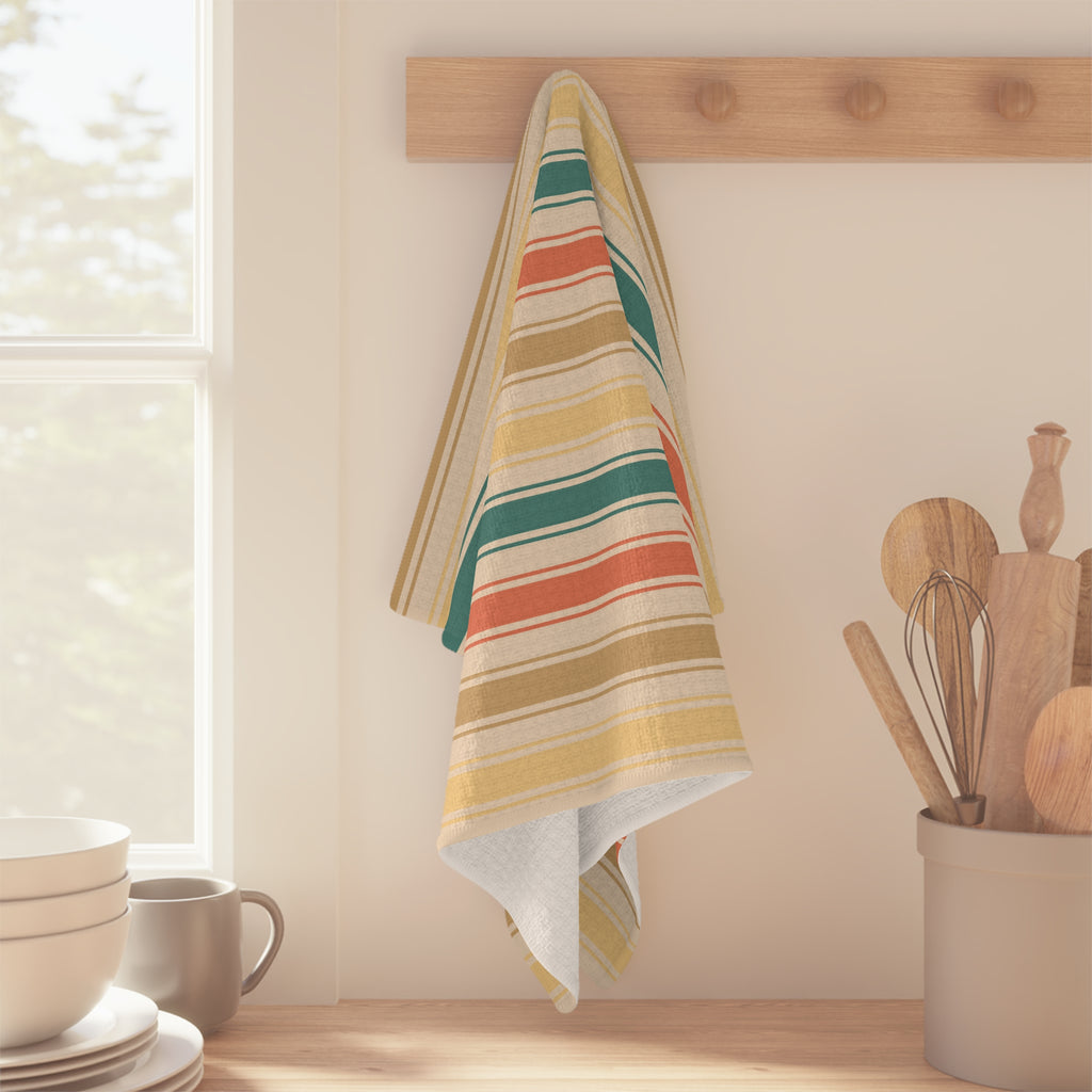 Striped Microfiber Tea Towel — Retro Sunset Kitchen Towel (Beige, Coral & Teal)