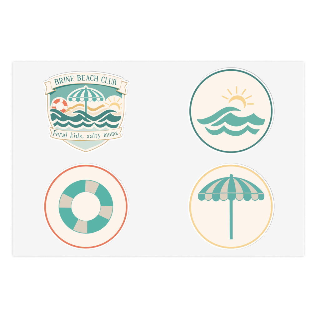 Brine Beach Club Sticker Sheet — Coastal Umbrella, Lifebuoy & Wave Decals
