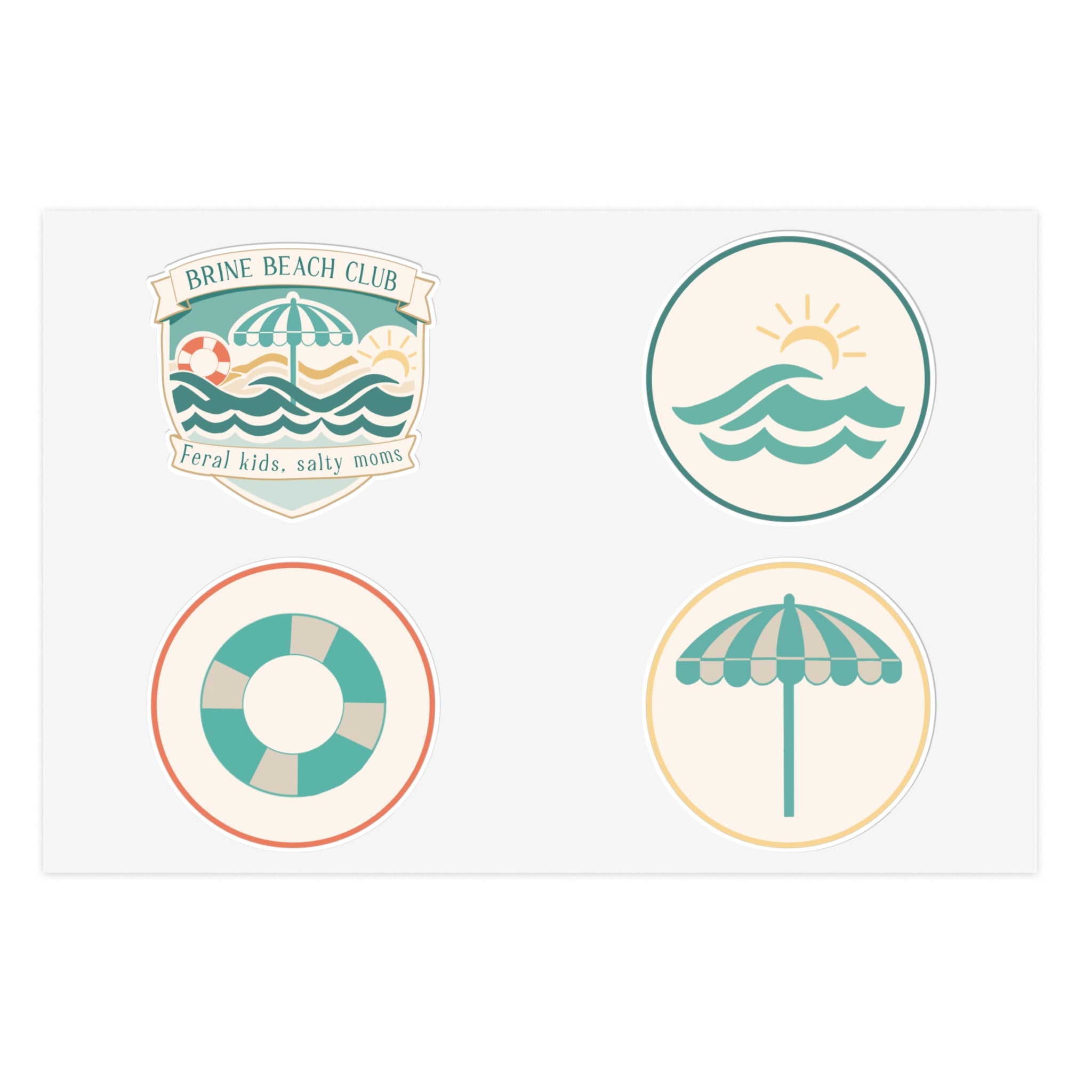 Brine Beach Club Sticker Sheet — Coastal Umbrella, Lifebuoy & Wave Decals