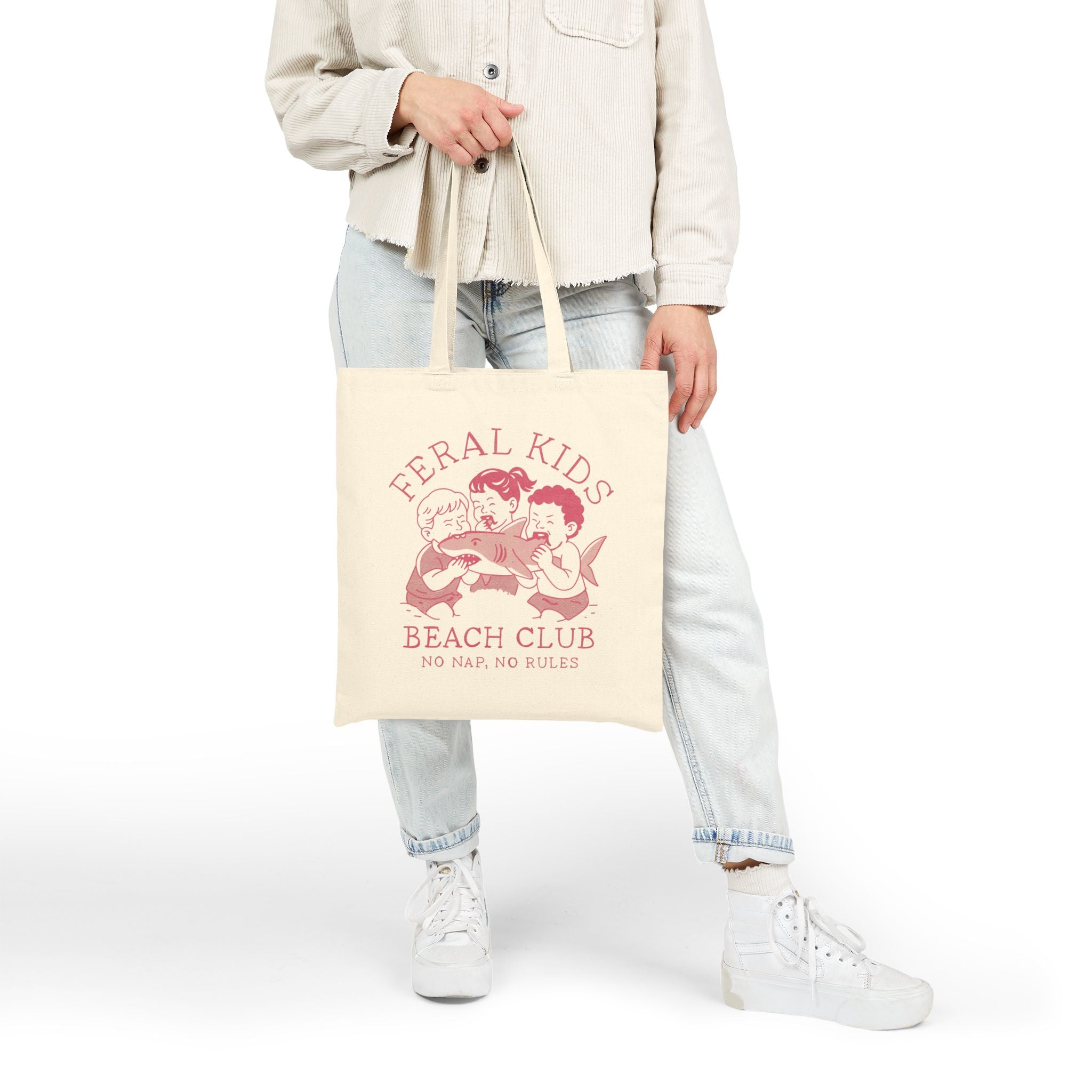 Feral Kids Beach Canvas Tote — “No Nap No Rules” in pink