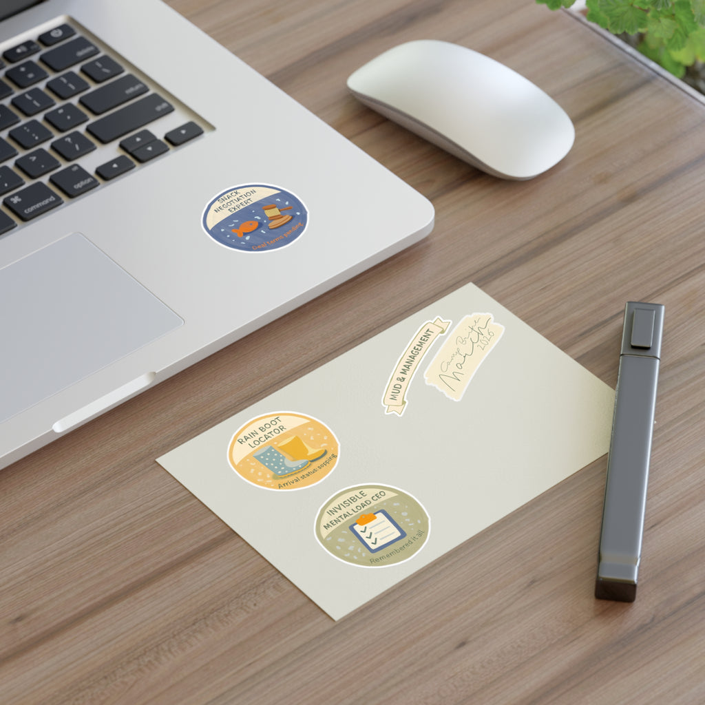 Quirky Achievement Sticker Sheet — Rain Boot Locator, Snack Negotiation Expert & More