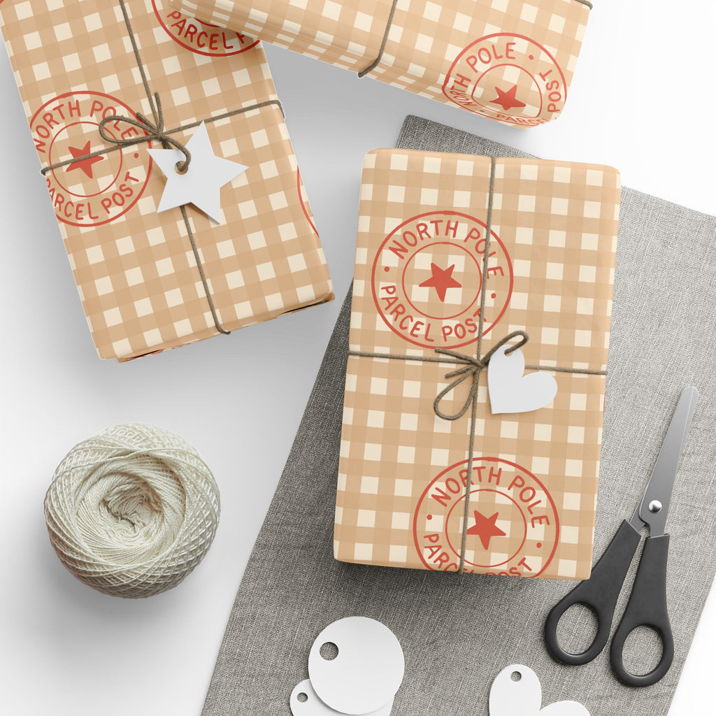 Country Gingham Wrapping Paper - Rustic Plaid Holiday Gift Wrap with Coral Stamped Star Accent