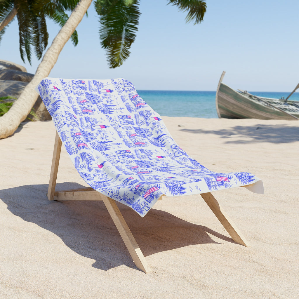 Nautical Coastal Print Beach Towel — Lighthouse & Bike Seaside Design