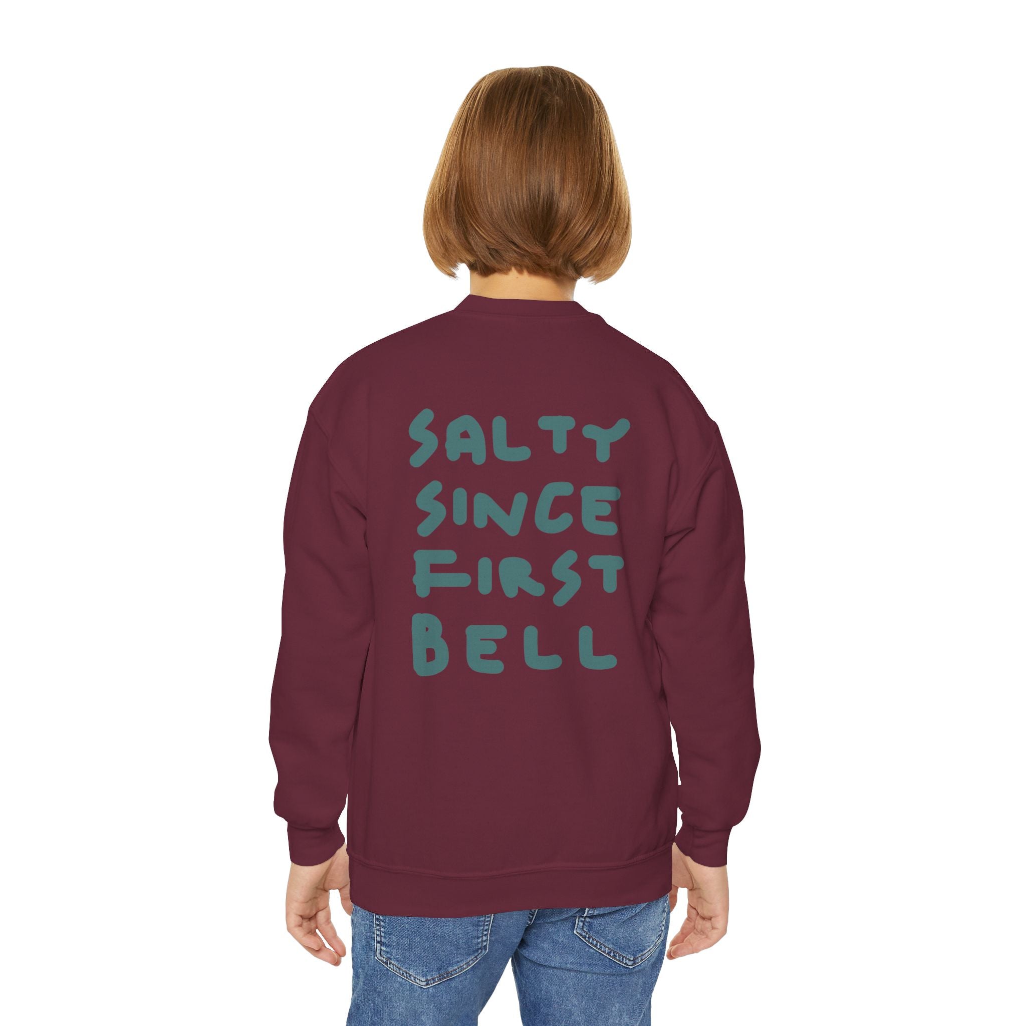 Youth Crewneck Sweatshirt — "Salty Since First Bell" Back‑Print School Spirit Sweatshirt