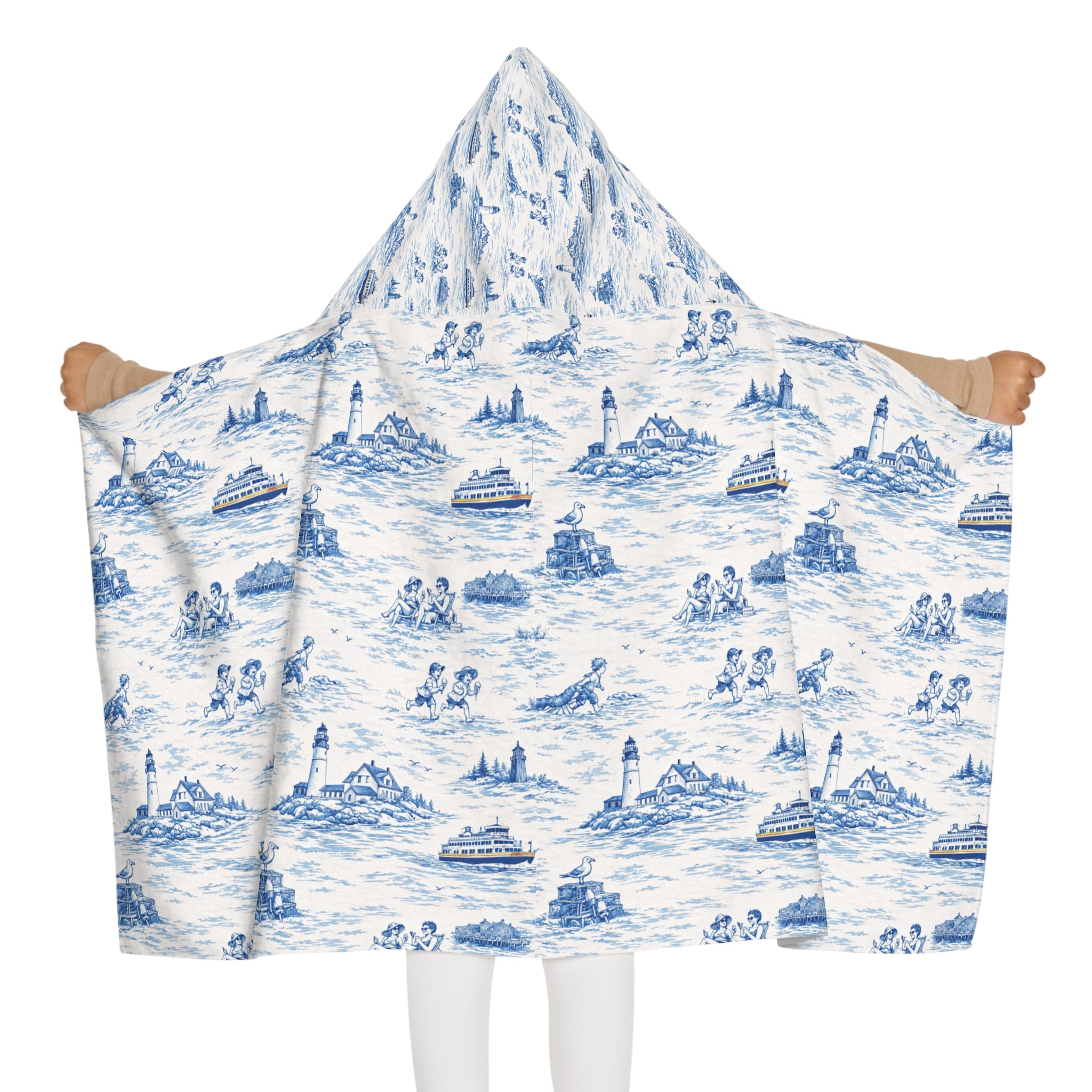 Hooded Beach Towel Portland ME, Coastal Toile Hooded Towel, Kids Poncho Towel, Preppy Kids Beach Cover Up, Summer Pool Towel