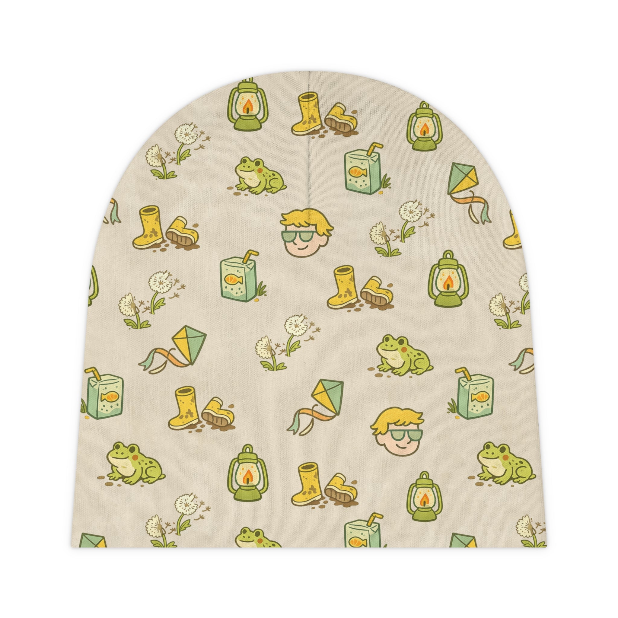 Baby Beanie — Cute Woodland Camping Pattern (Frog, Lantern, Boots & Kite)