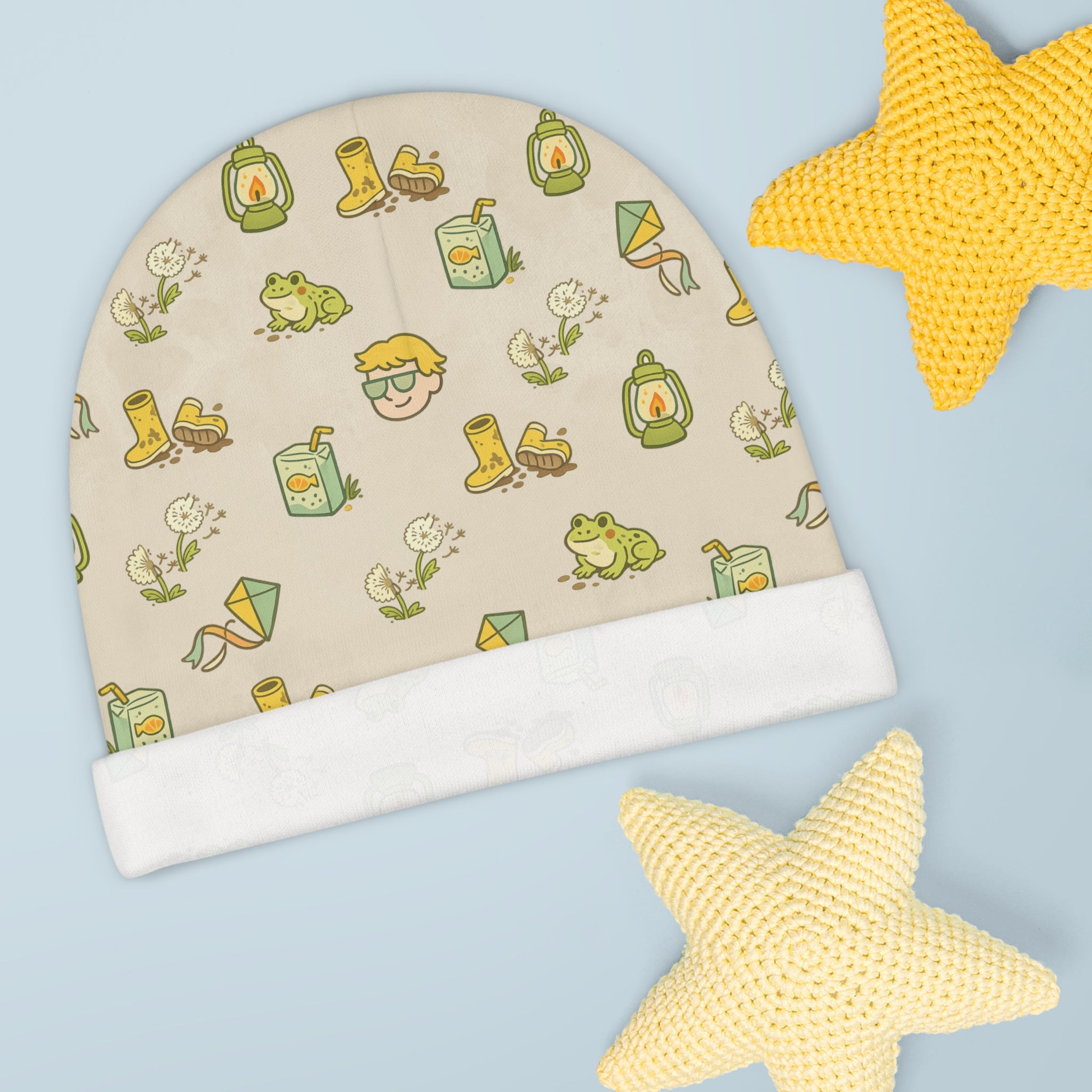 Baby Beanie — Cute Woodland Camping Pattern (Frog, Lantern, Boots & Kite)