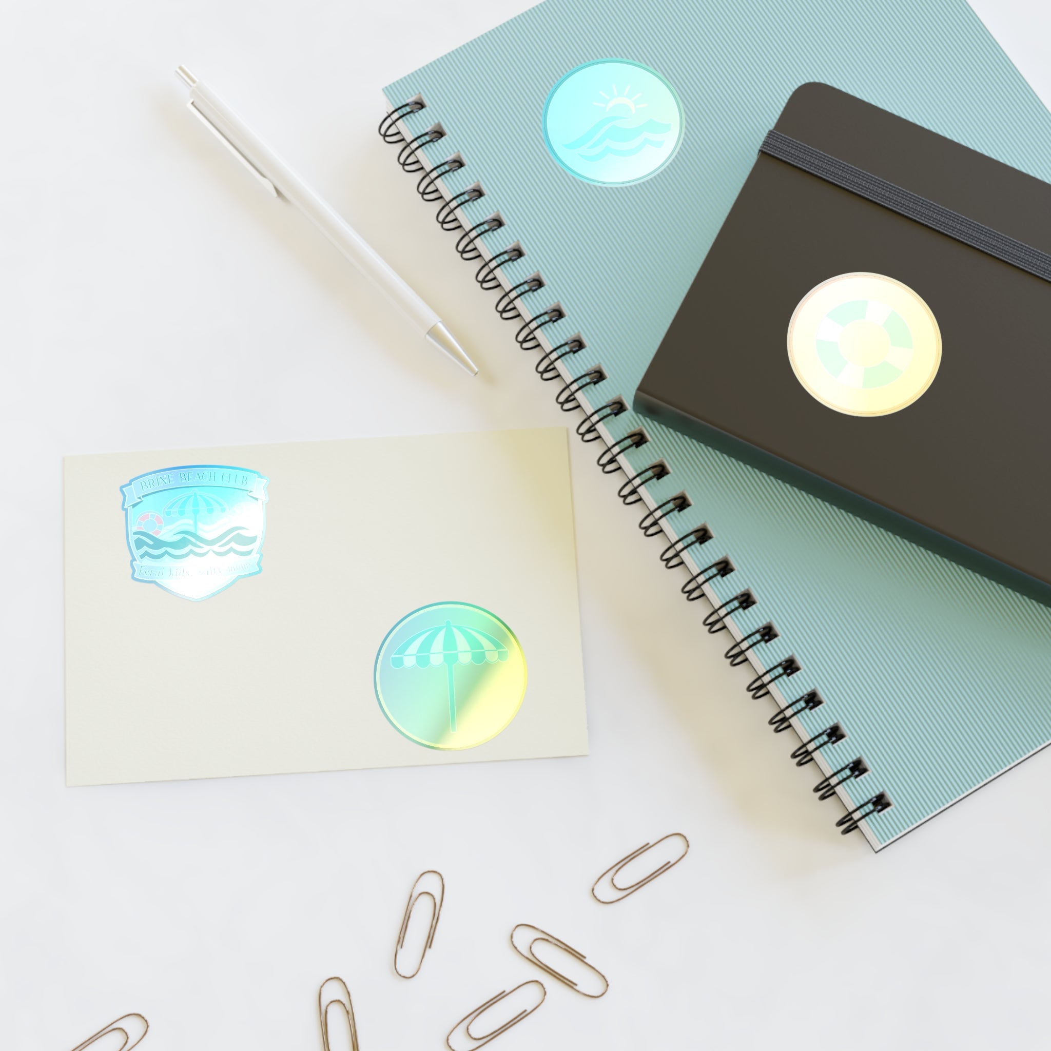 Brine Beach Club Sticker Sheet — Coastal Umbrella, Lifebuoy & Wave Decals