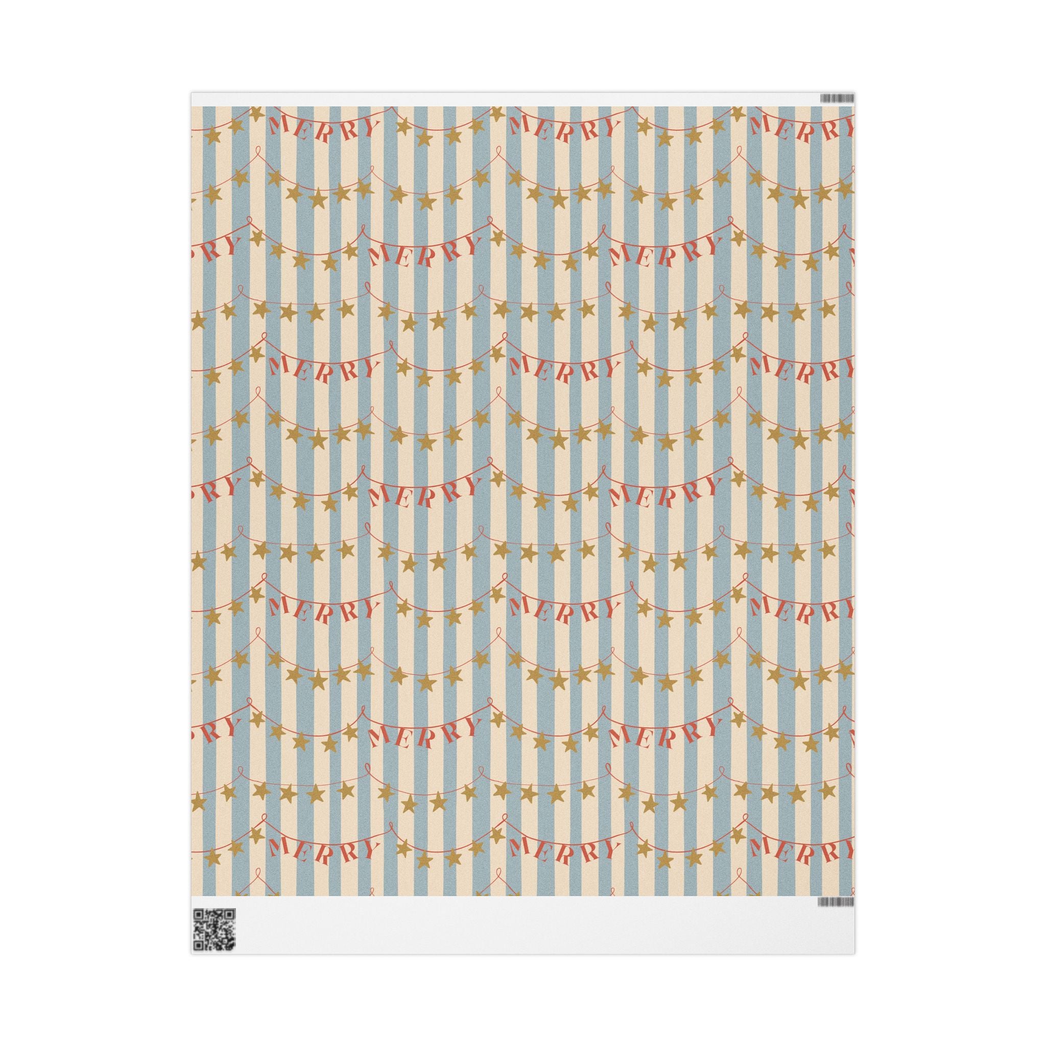 Wrapping Paper - Vintage Blue Stripe Holiday Wrap with 'Merry' Banner and Gold Stars