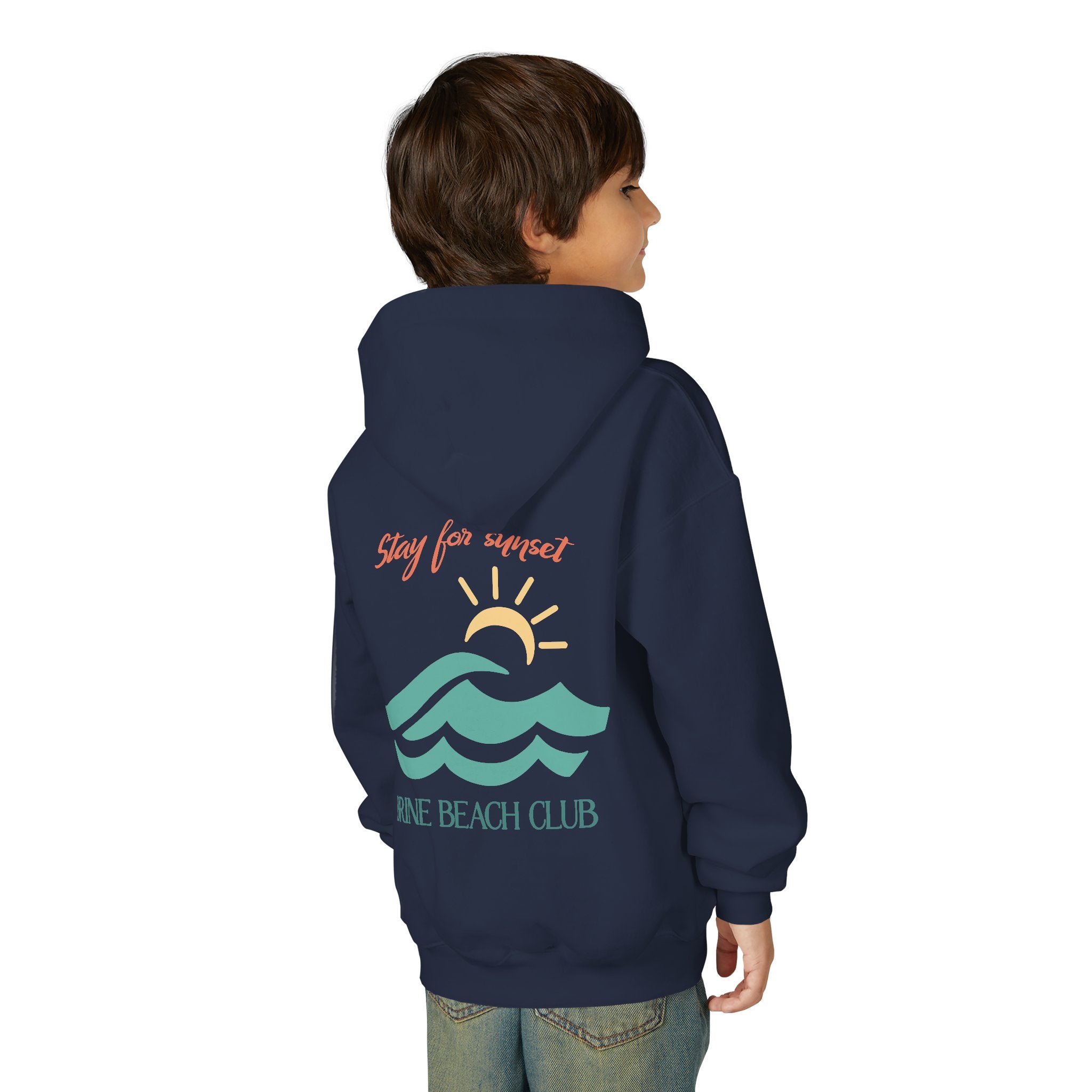 Brine Beach Club Youth Hoodie — "Stay For Sunset” Surf Waves Sun Pullover