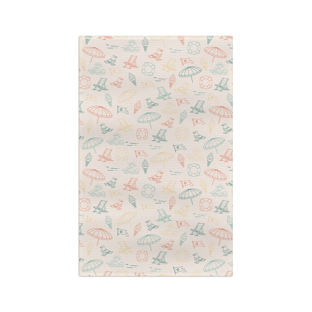 Beach Pattern Tea Towel — Pastel Umbrellas & Chairs Microfiber Kitchen Towel