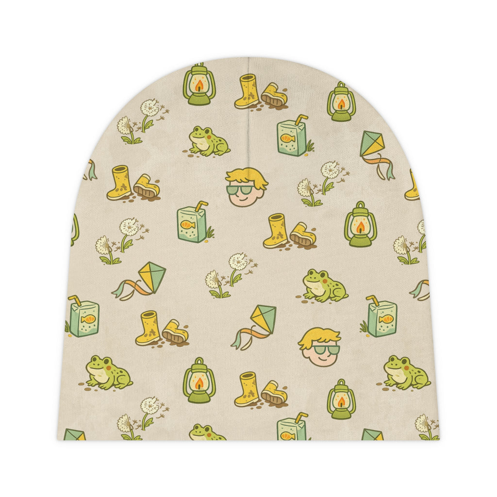 Baby Beanie — Cute Woodland Camping Pattern (Frog, Lantern, Boots & Kite)