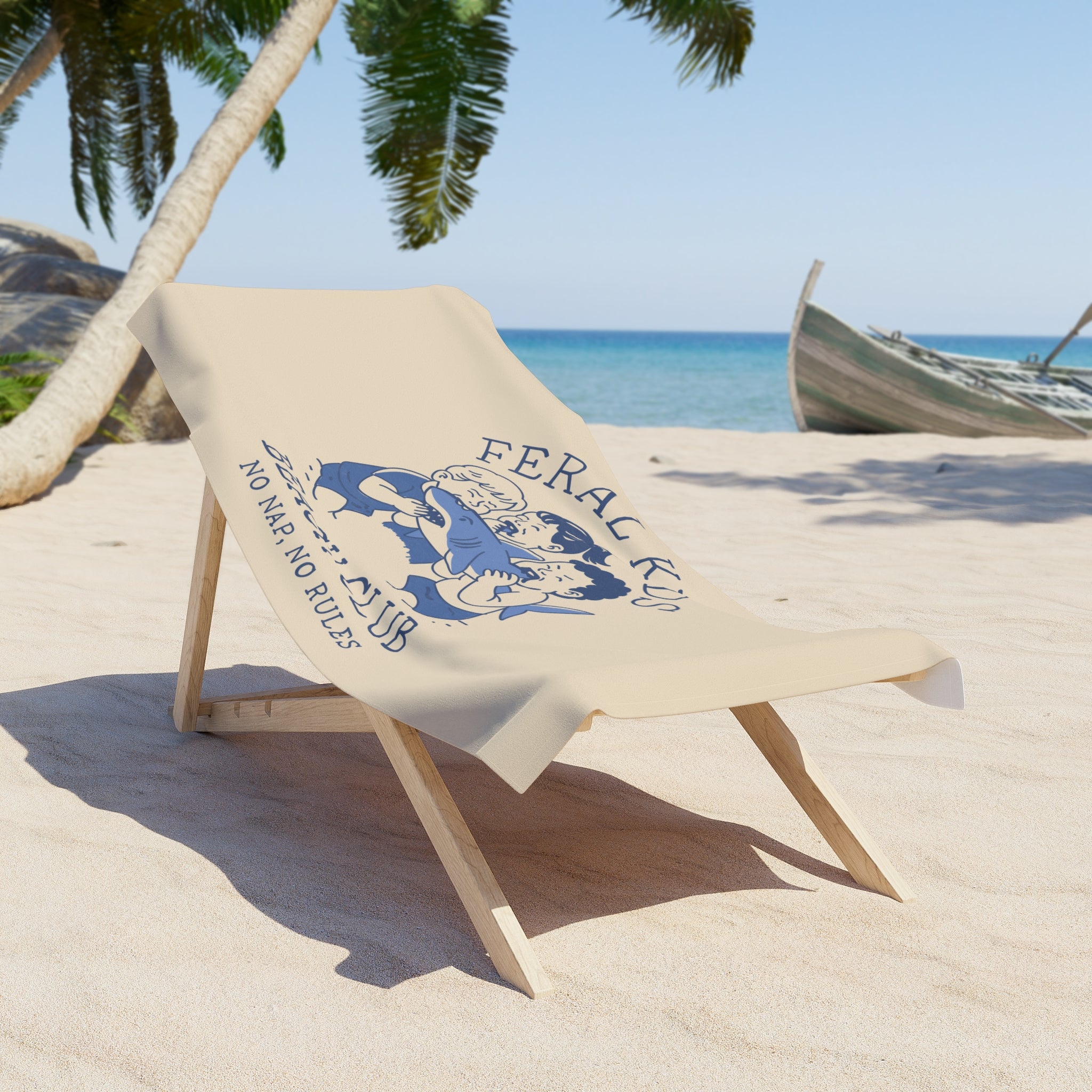 Feral Kids Beach Towel — "Beach Club: No Nap, No Rules" Vintage Surf Towel, Blue