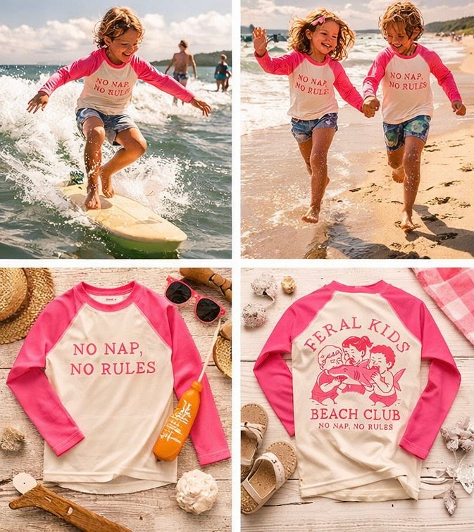 Feral Kids Beach Club Kids Rash Guard – No Nap No Rules Long Sleeve Swim Shirt