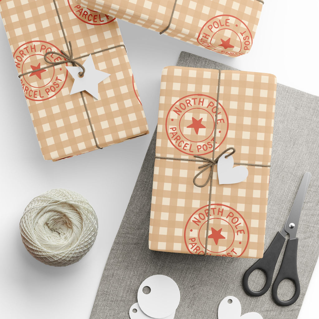 Country Gingham Wrapping Paper - Rustic Plaid Holiday Gift Wrap with Coral Stamped Star Accent