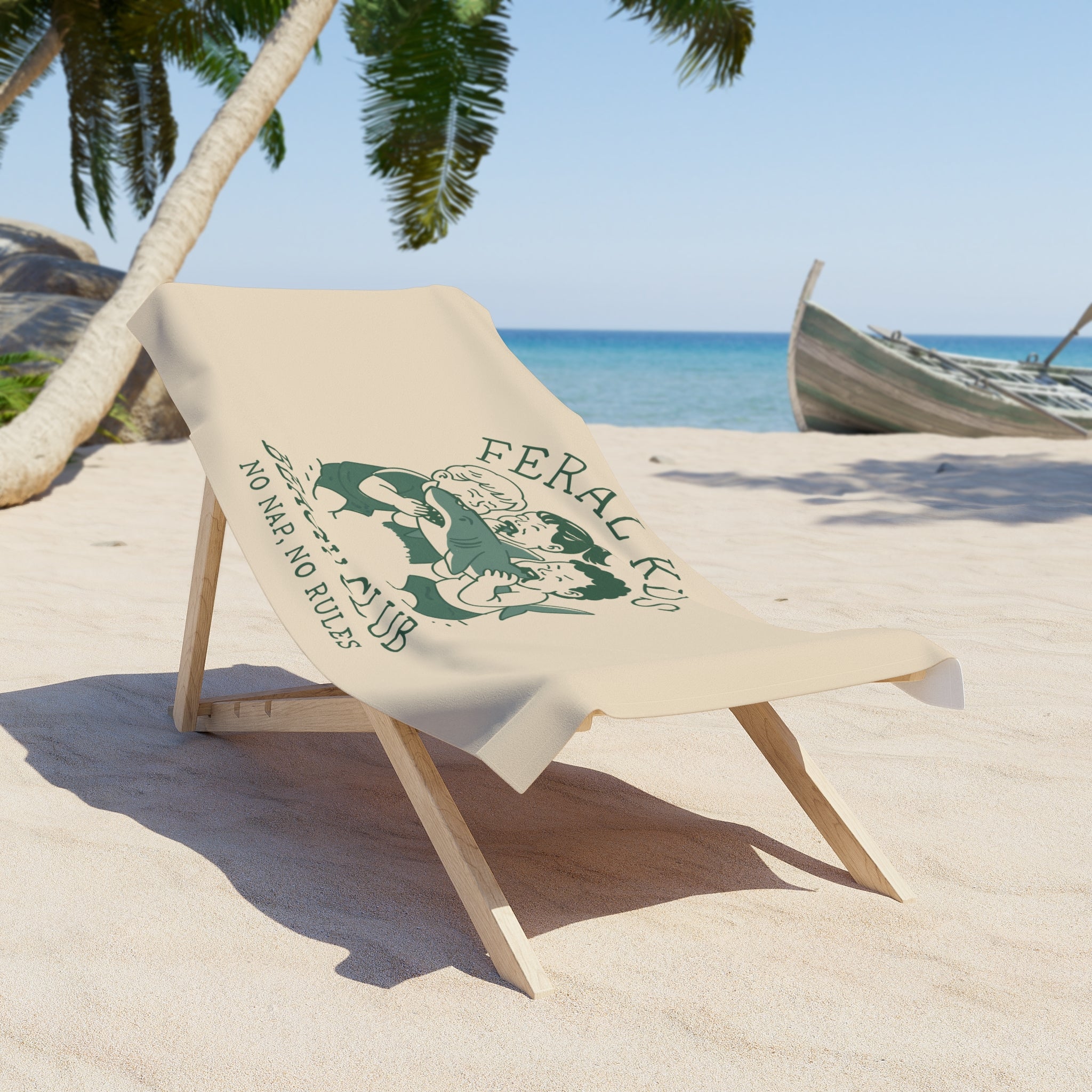 Feral Kids Beach Towel — "Beach Club: No Nap, No Rules" Vintage Surf Towel, Green