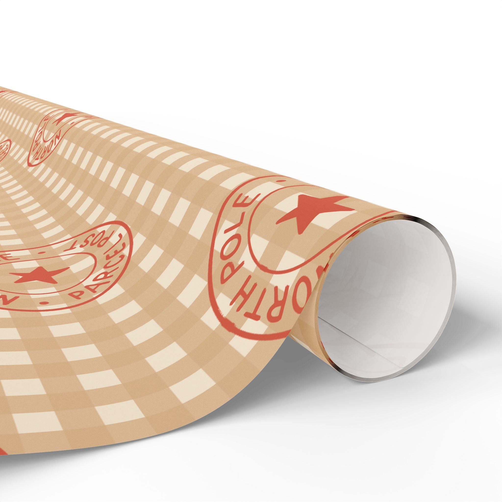 Country Gingham Wrapping Paper - Rustic Plaid Holiday Gift Wrap with Coral Stamped Star Accent