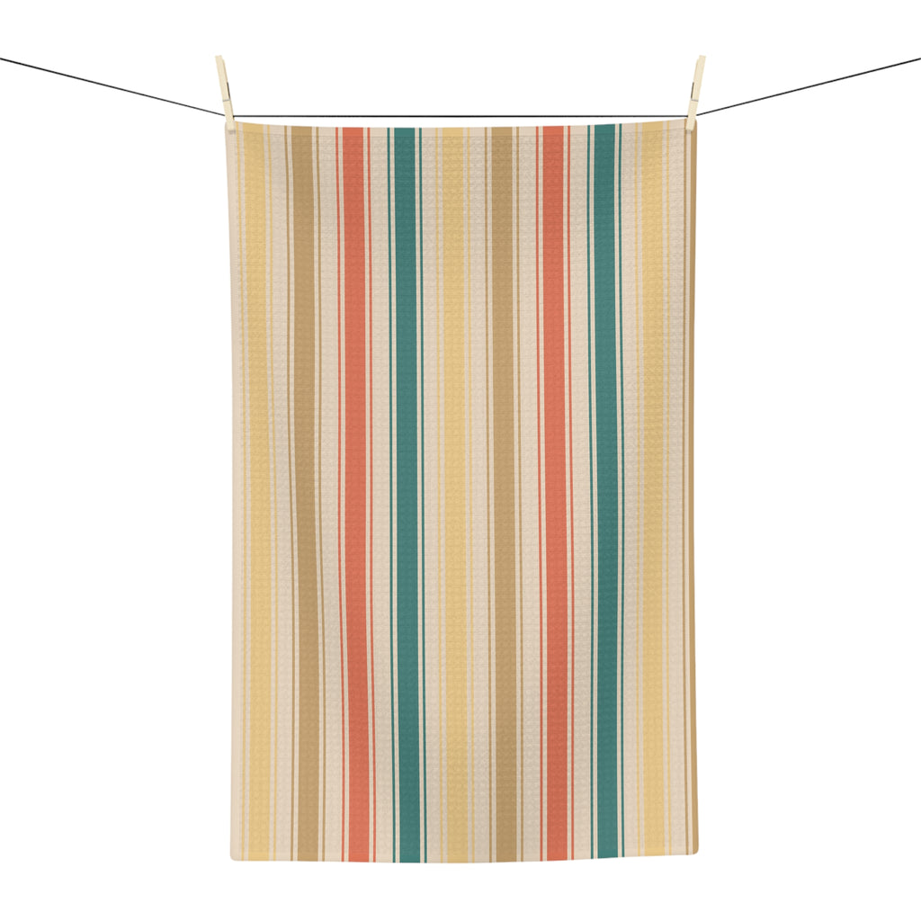 Striped Microfiber Tea Towel — Retro Sunset Kitchen Towel (Beige, Coral & Teal)