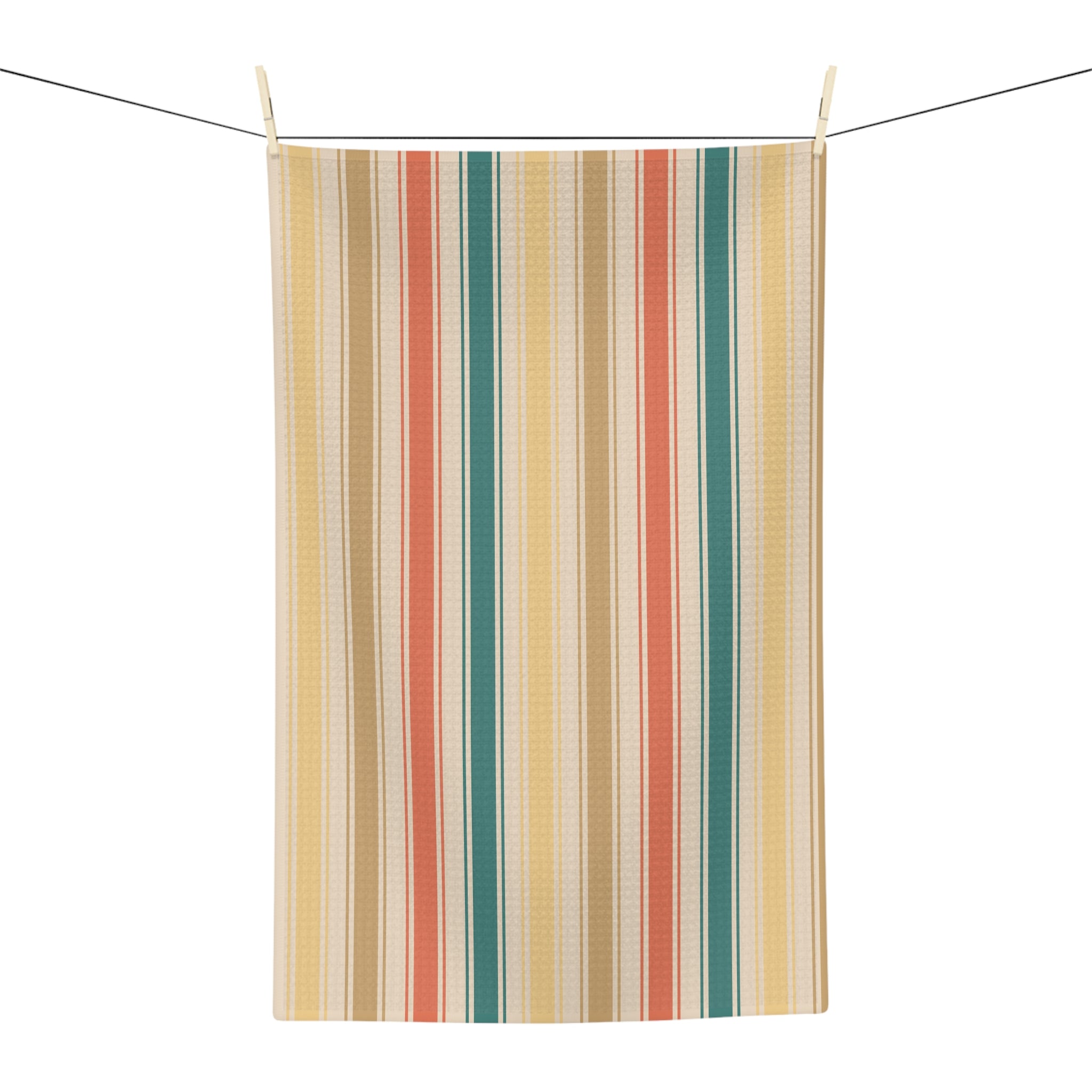 Striped Microfiber Tea Towel — Retro Sunset Kitchen Towel (Beige, Coral & Teal)