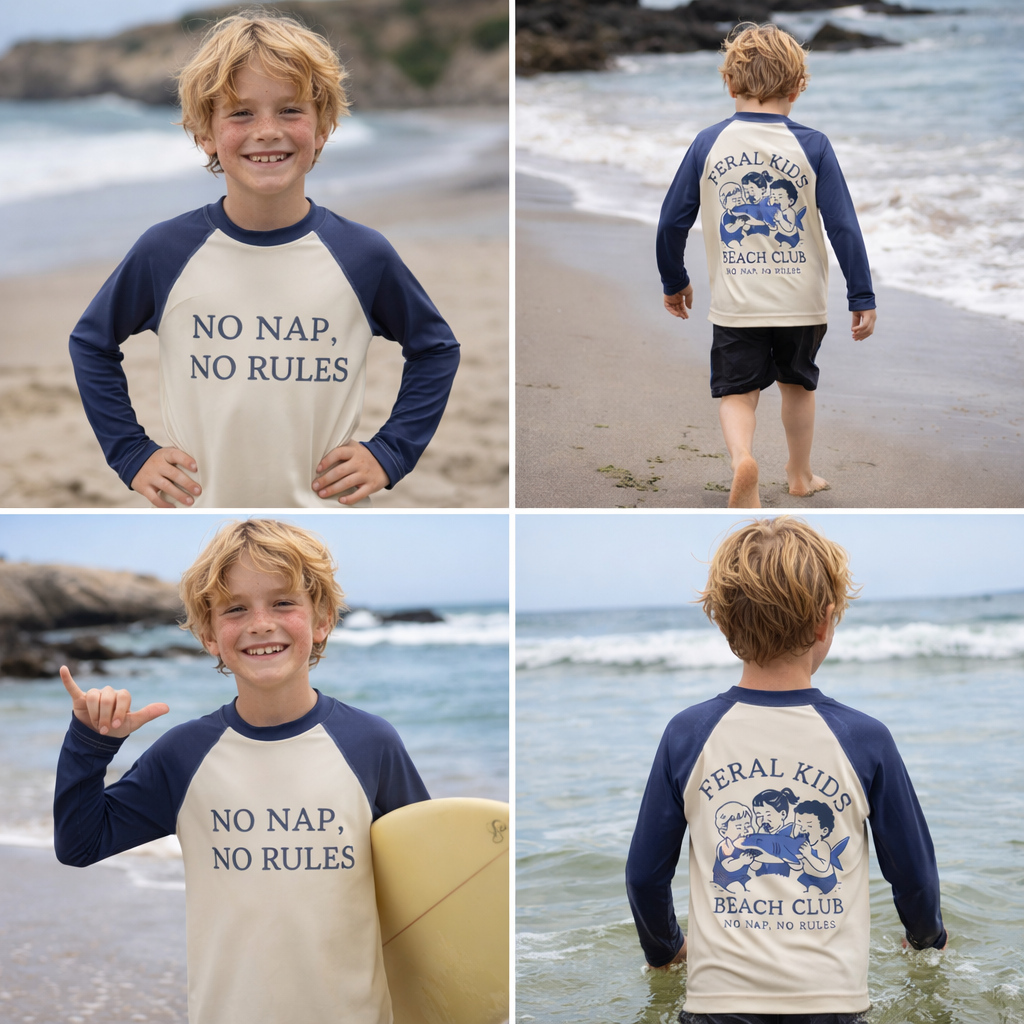 Feral Kids Beach Club Kids Rash Guard – No Nap No Rules Long Sleeve Swim Shirt
