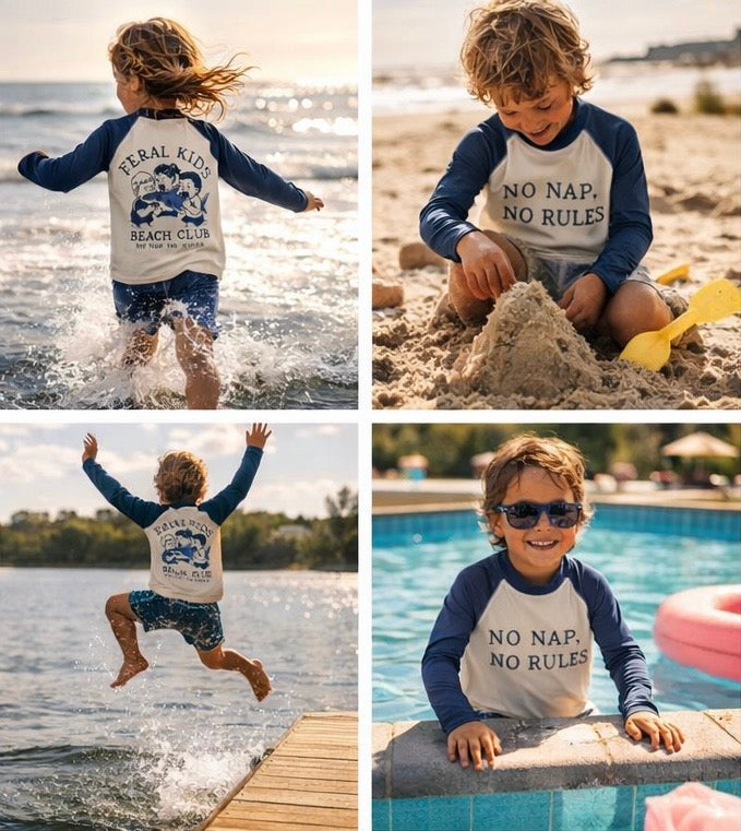 Feral Kids Beach Club Kids Rash Guard – No Nap No Rules Long Sleeve Swim Shirt