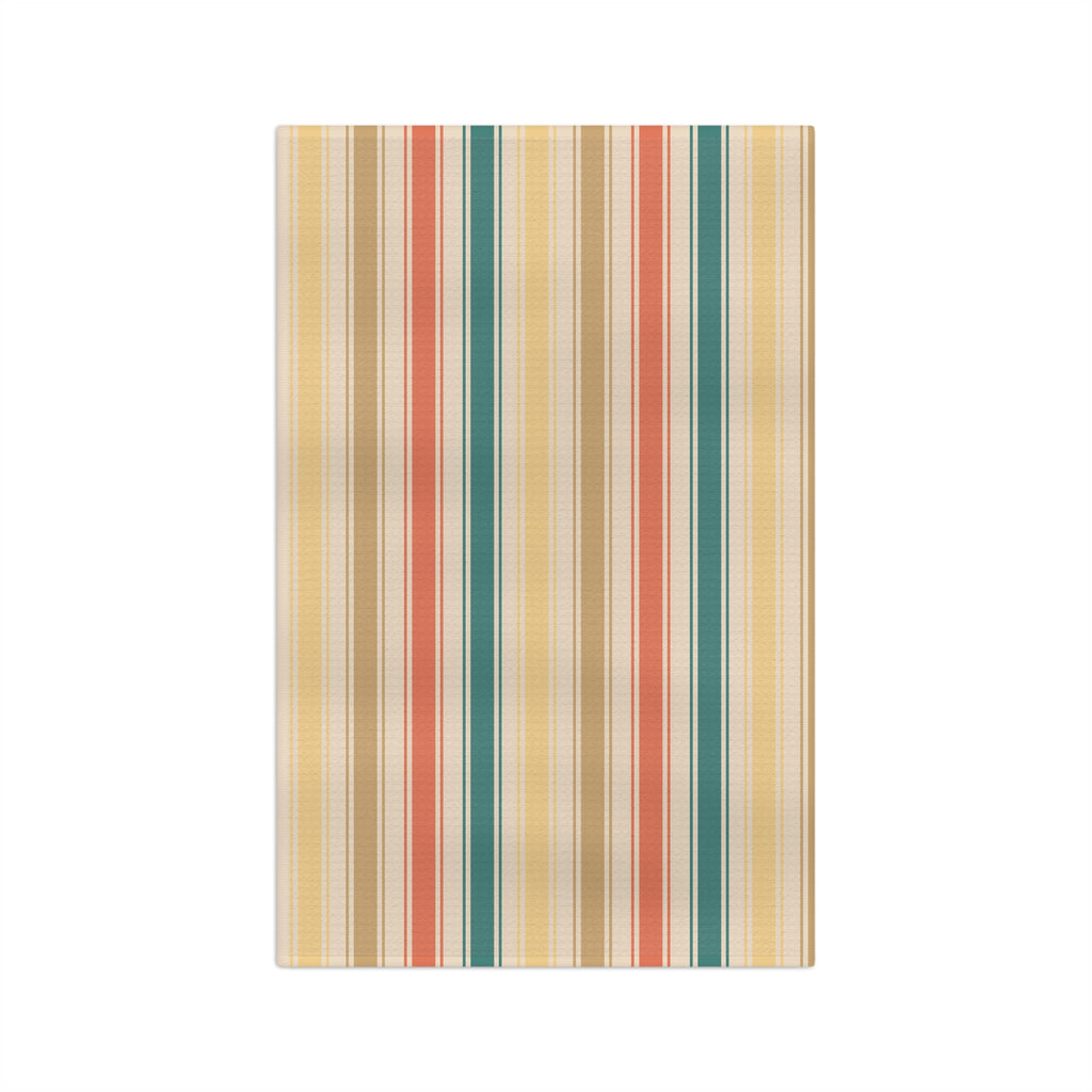 Striped Microfiber Tea Towel — Retro Sunset Kitchen Towel (Beige, Coral & Teal)