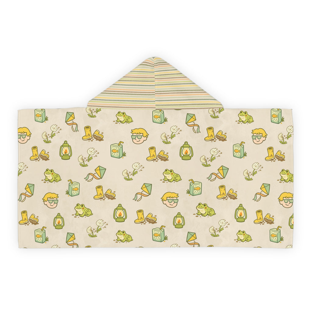 Camp Brine Spring 2026 Kids Hooded Towel — Cute Frog, Rain Gear & Juice Box Pattern