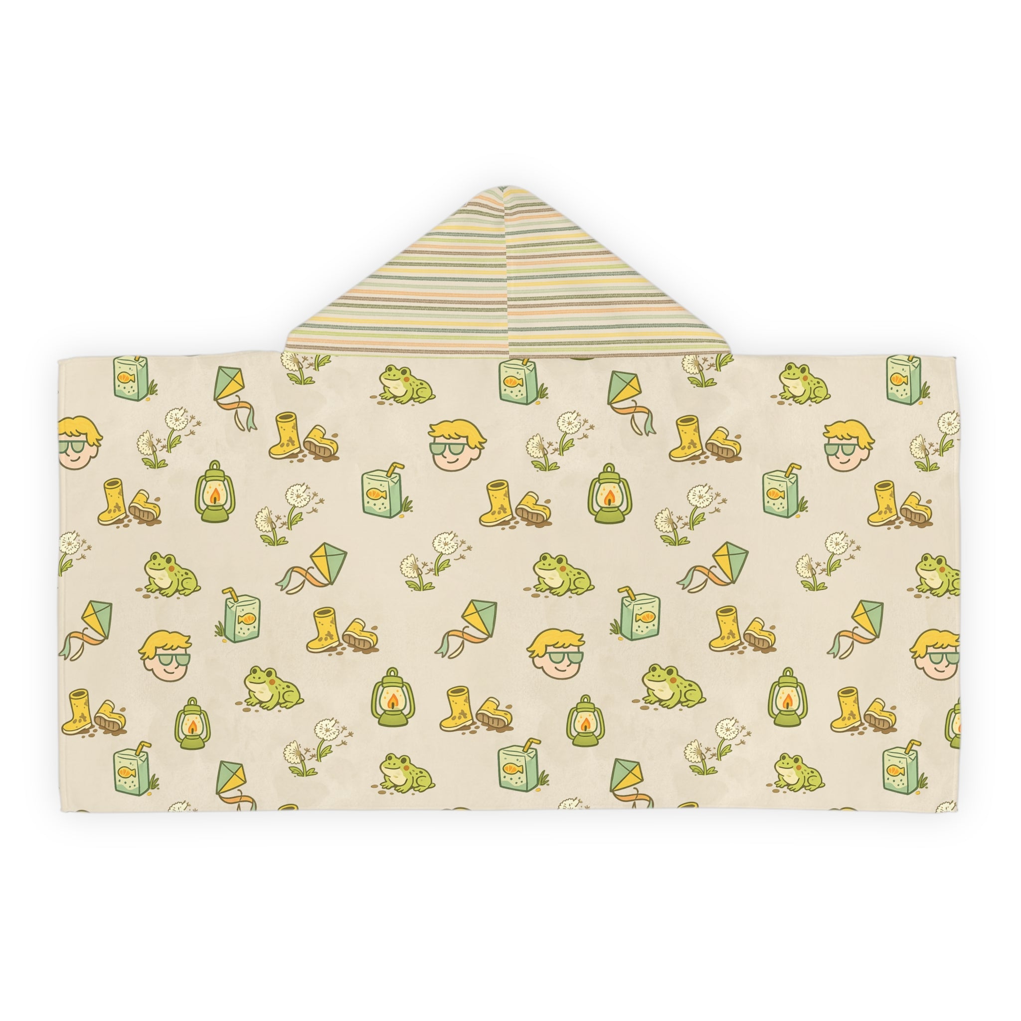 Camp Brine Spring 2026 Kids Hooded Towel — Cute Frog, Rain Gear & Juice Box Pattern