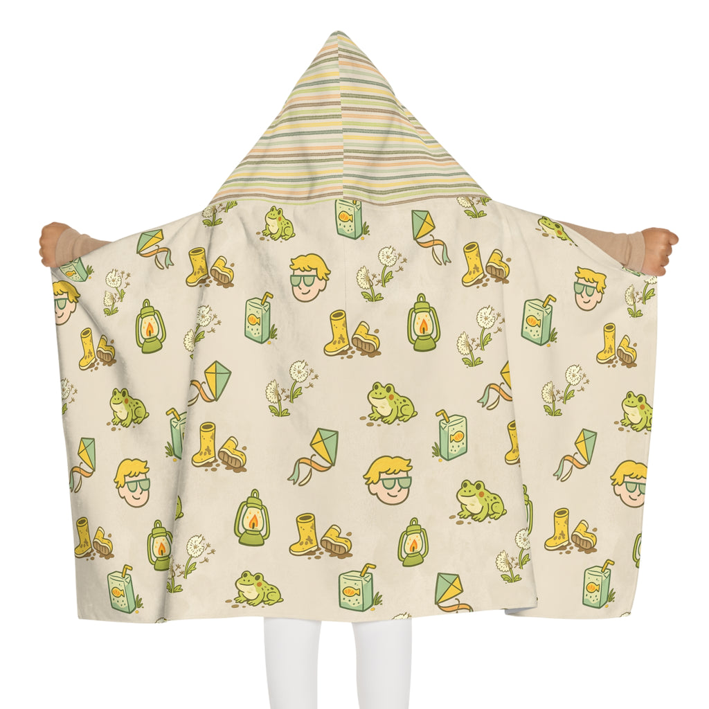 Camp Brine Spring 2026 Kids Hooded Towel — Cute Frog, Rain Gear & Juice Box Pattern
