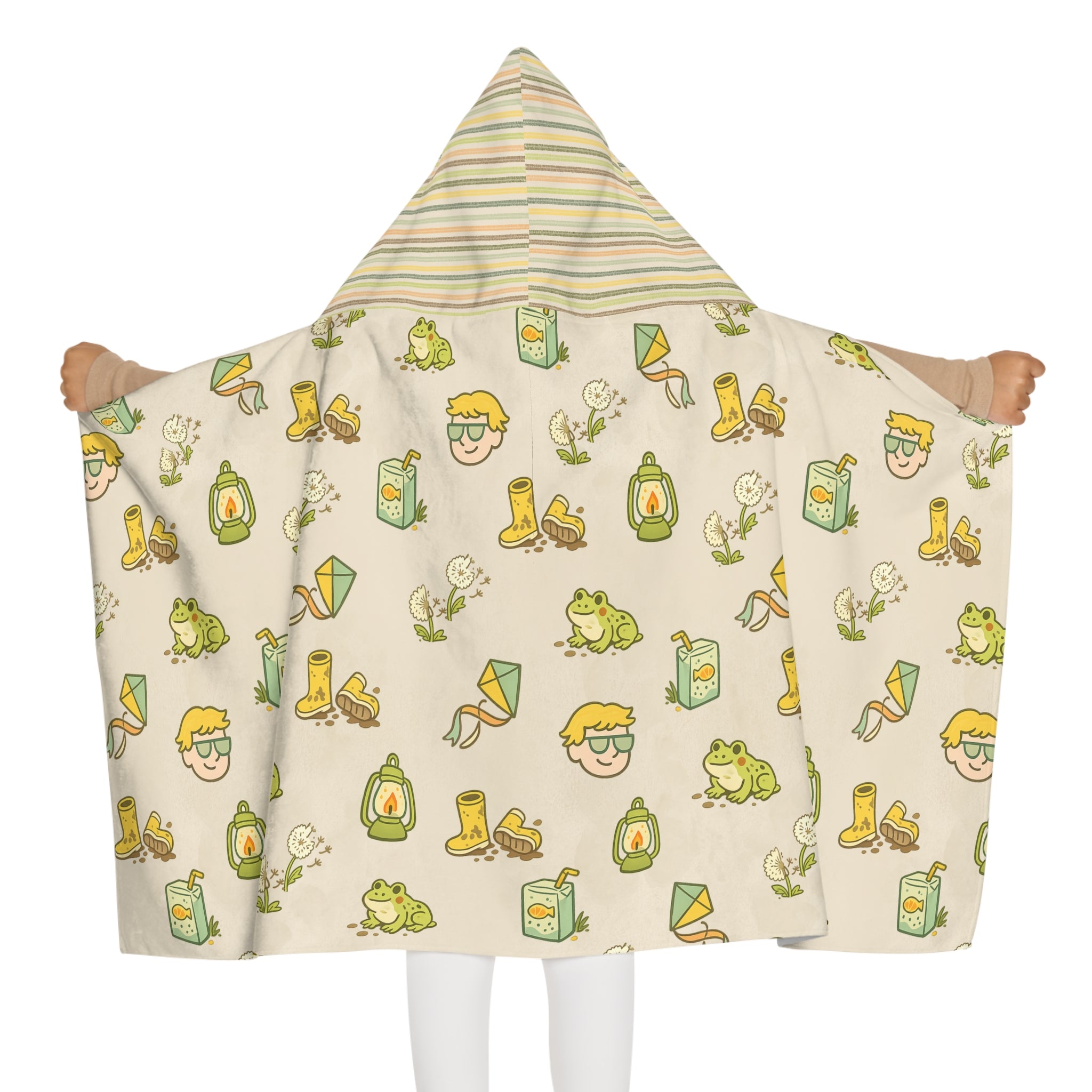 Camp Brine Spring 2026 Kids Hooded Towel — Cute Frog, Rain Gear & Juice Box Pattern