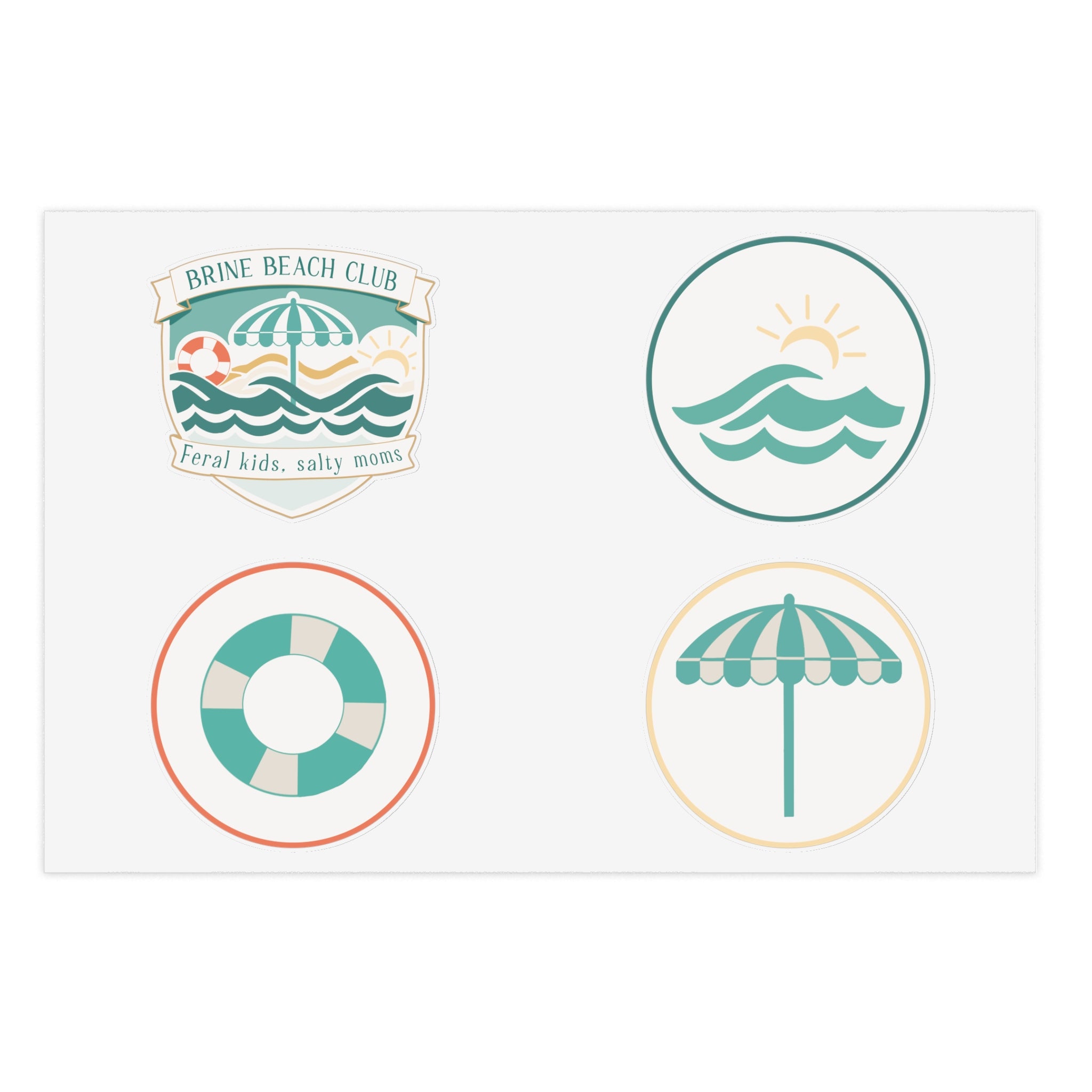 Brine Beach Club Sticker Sheet — Coastal Umbrella, Lifebuoy & Wave Decals