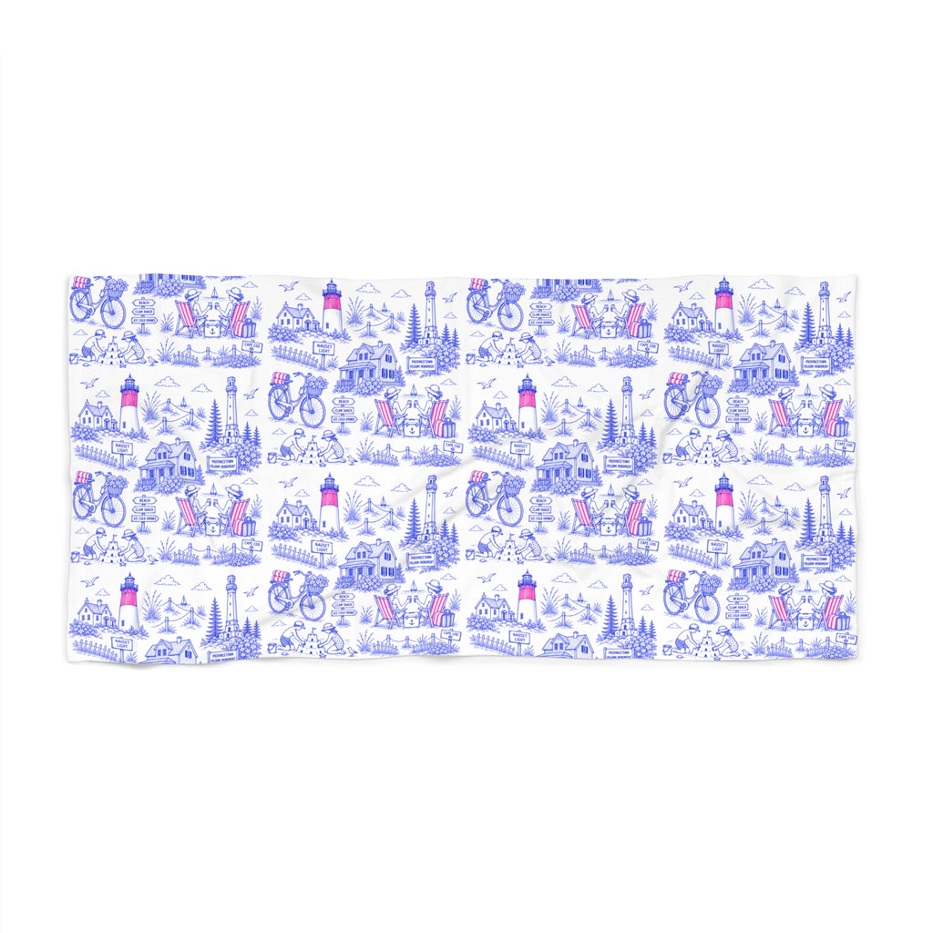 Nautical Coastal Print Beach Towel — Lighthouse & Bike Seaside Design