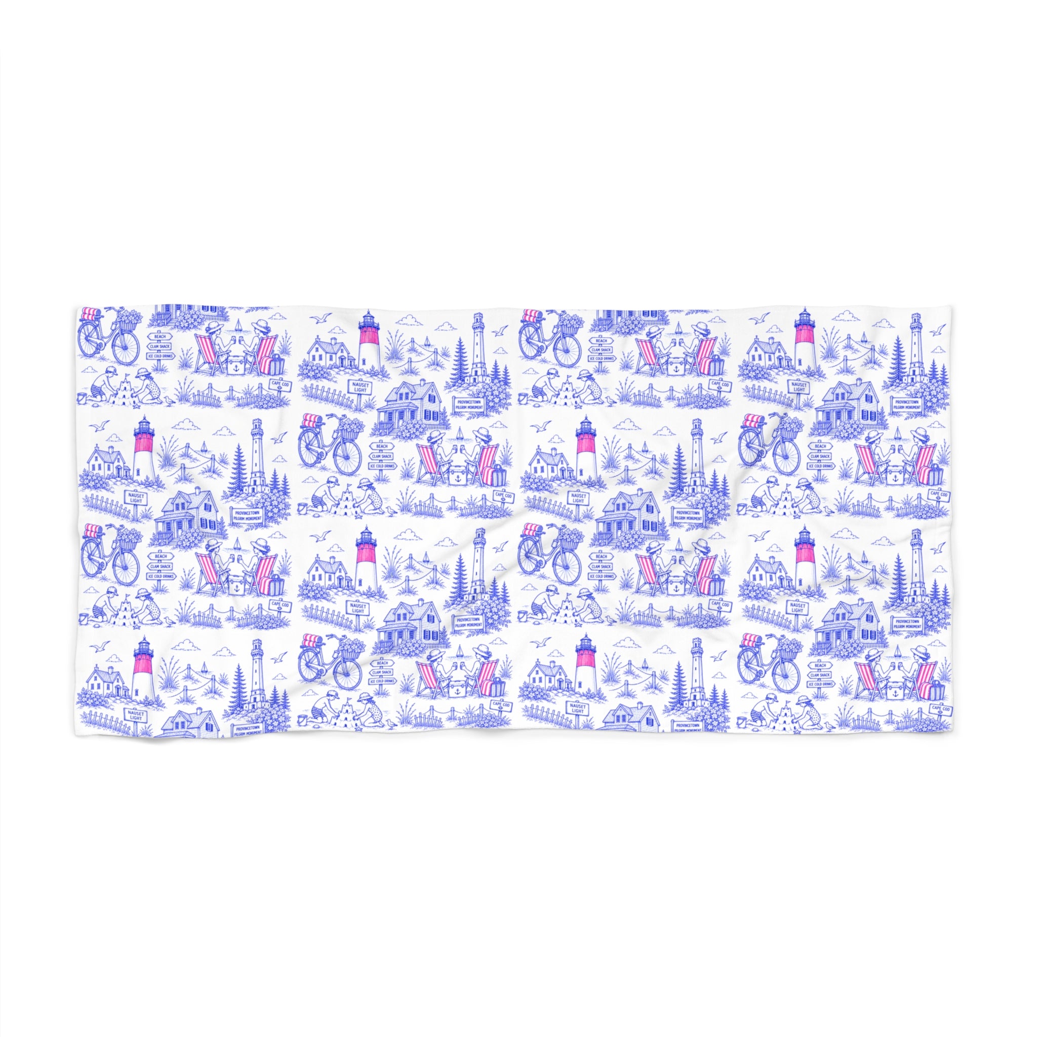 Nautical Coastal Print Beach Towel — Lighthouse & Bike Seaside Design
