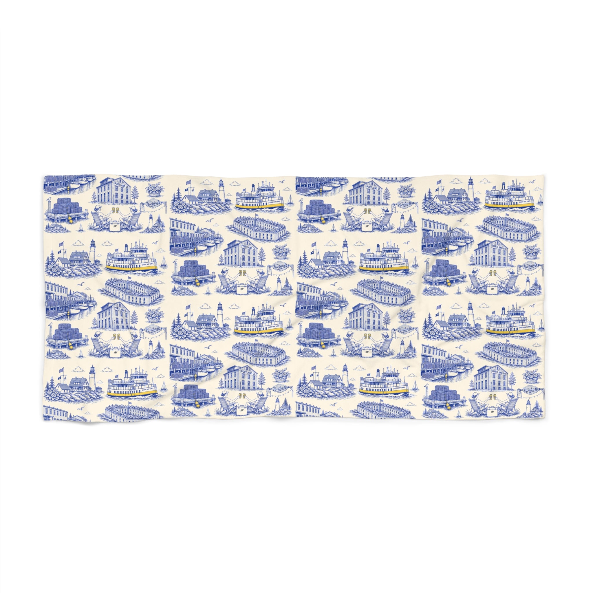 Portland ME Toile Beach Towel – Neon Coastal Preppy Pattern, Maine Travel Print